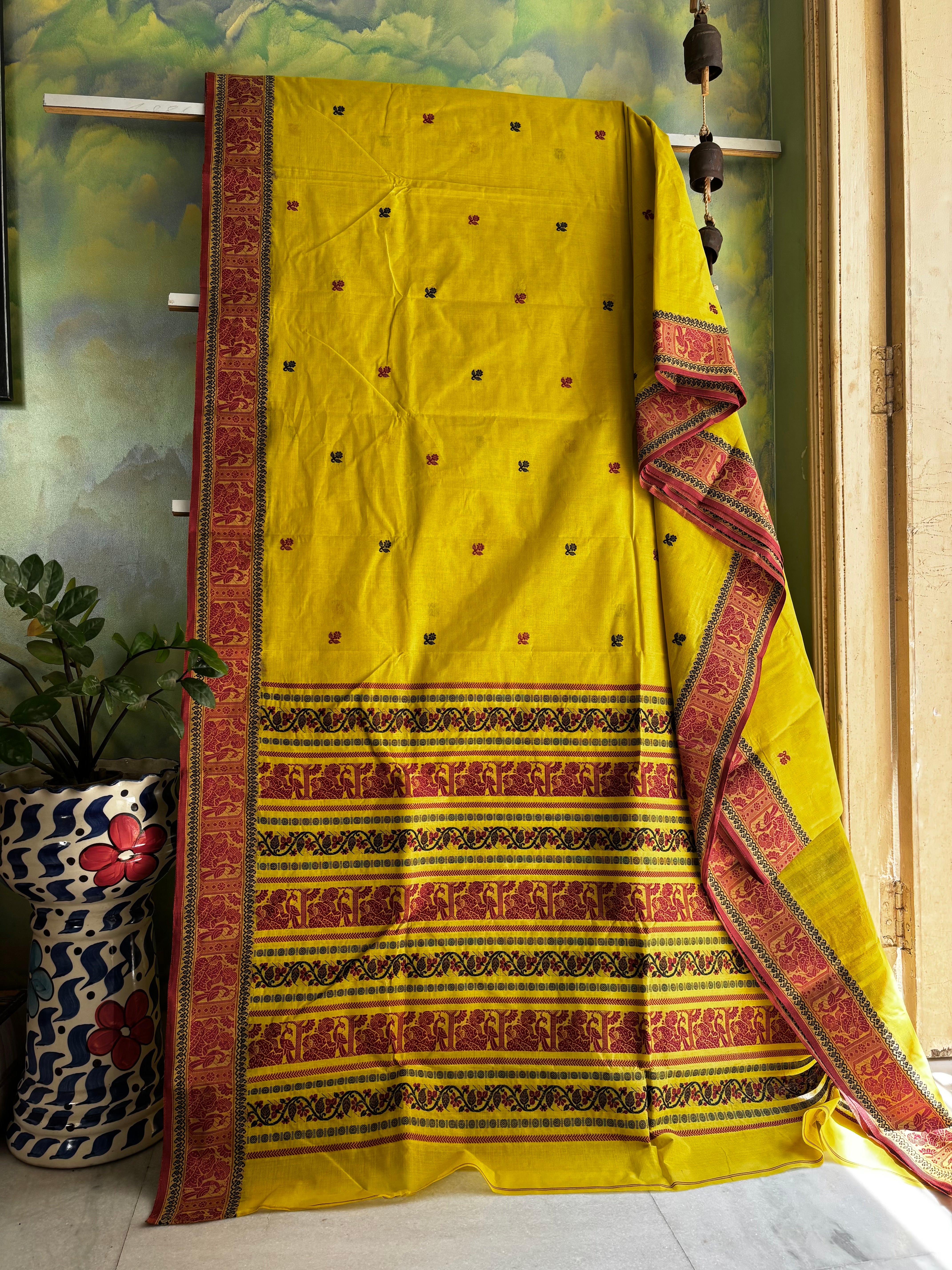 Handwoven Lemon Yellow Colour Cotton Baluchari Saree