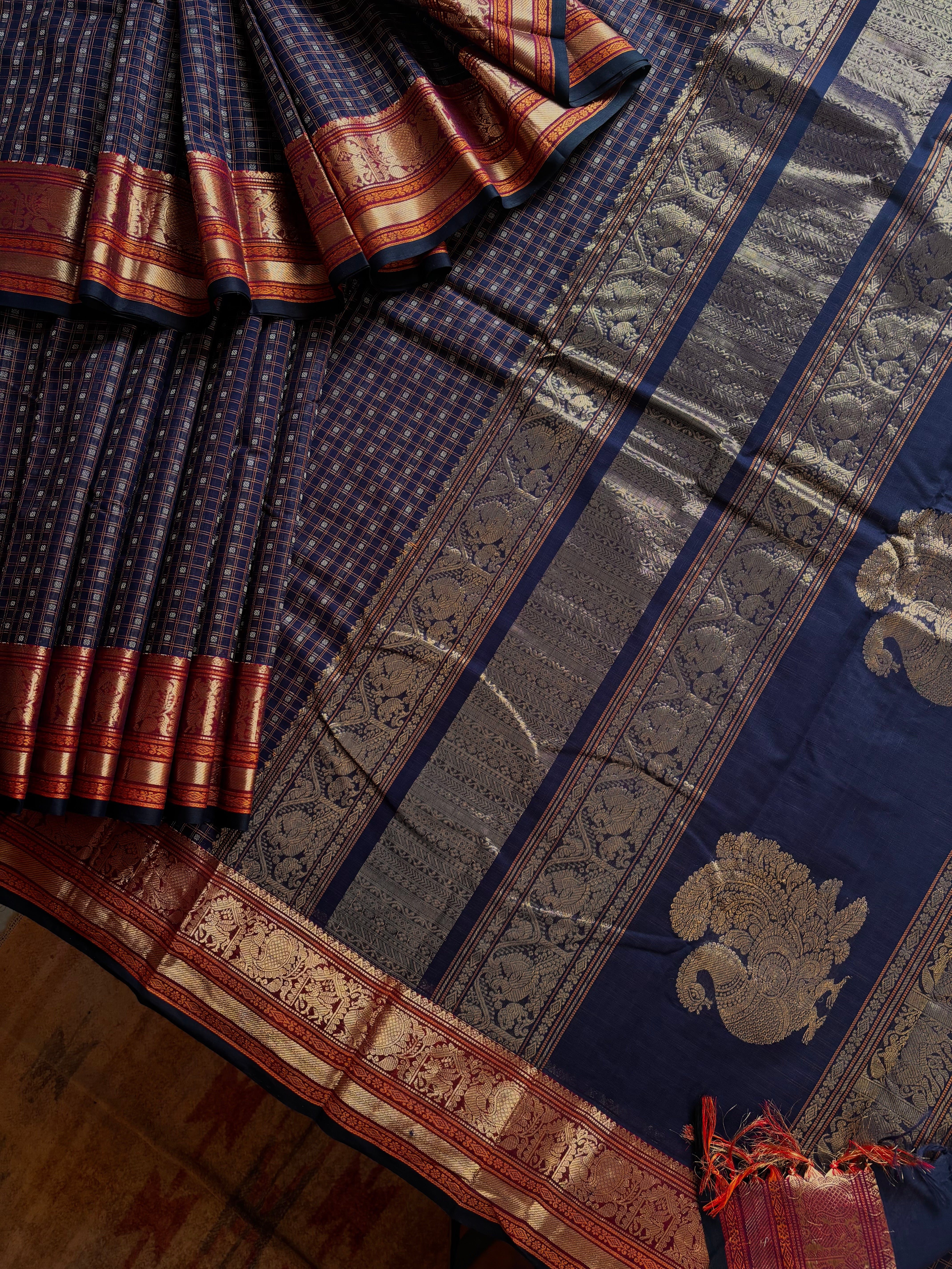 Handwoven Dark Navy Cotton Kanchipuram Saree