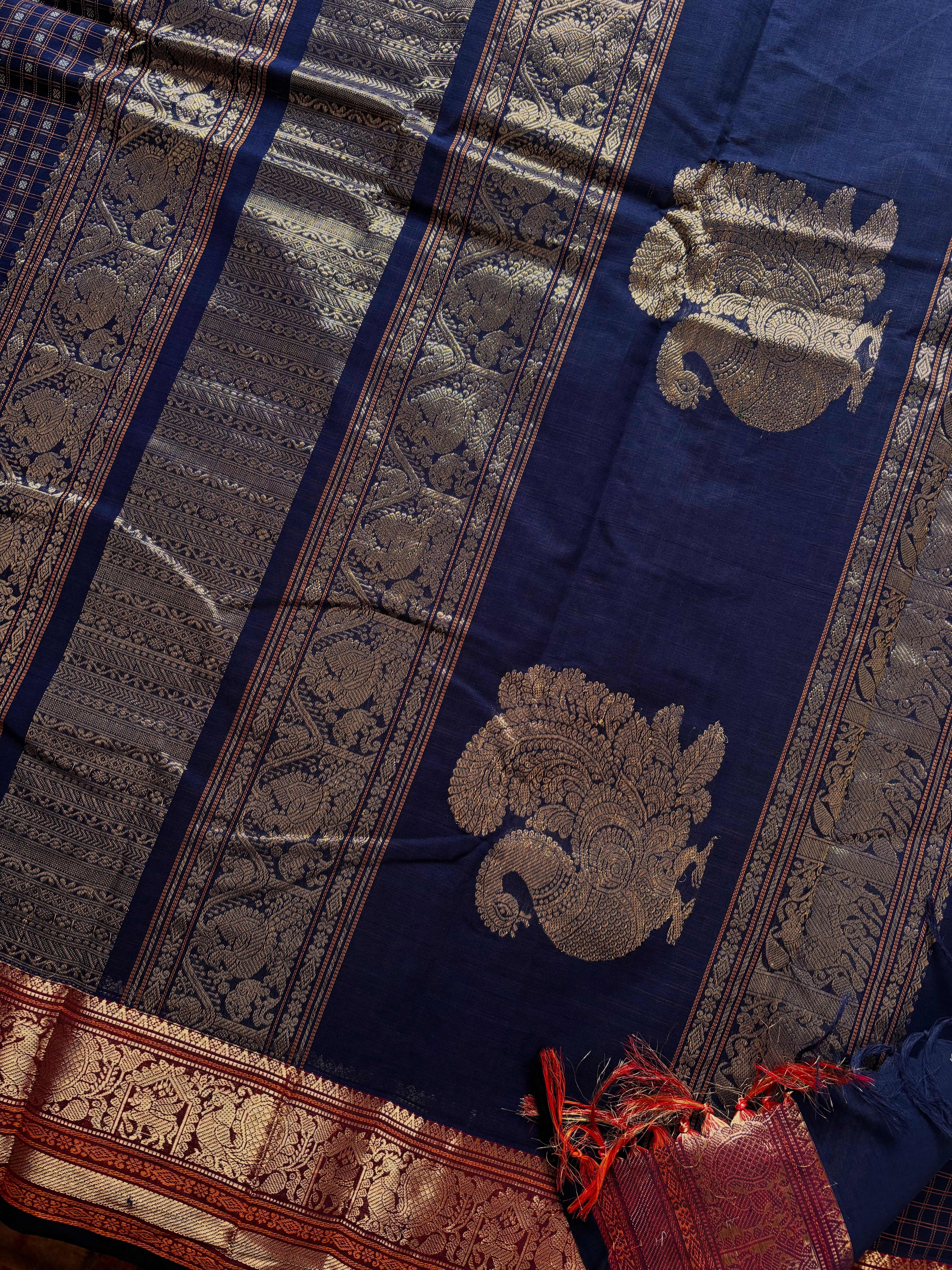 Handwoven Dark Navy Cotton Kanchipuram Saree