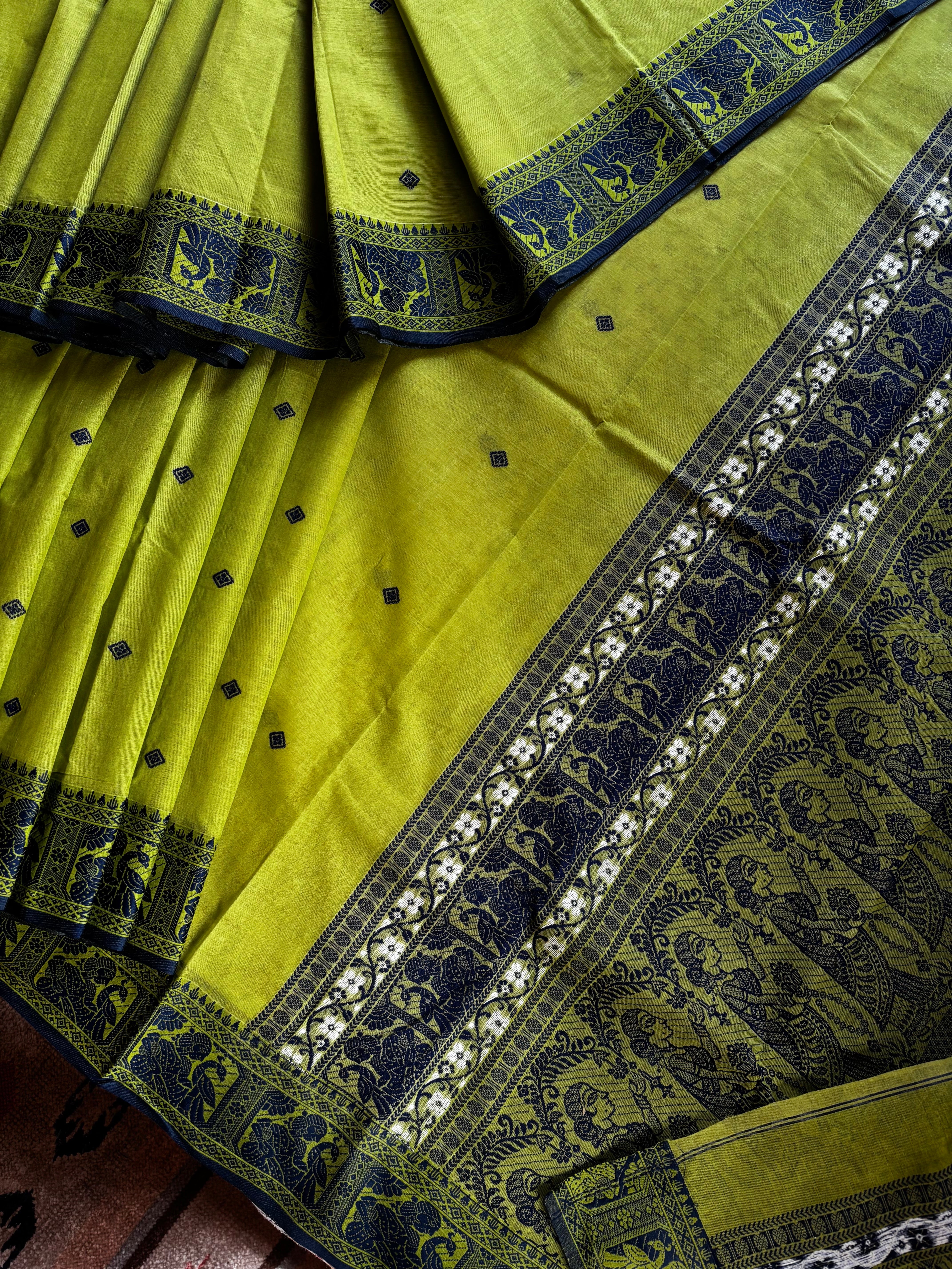 Handwoven Bright Olive Green Colour Cotton Baluchari Saree