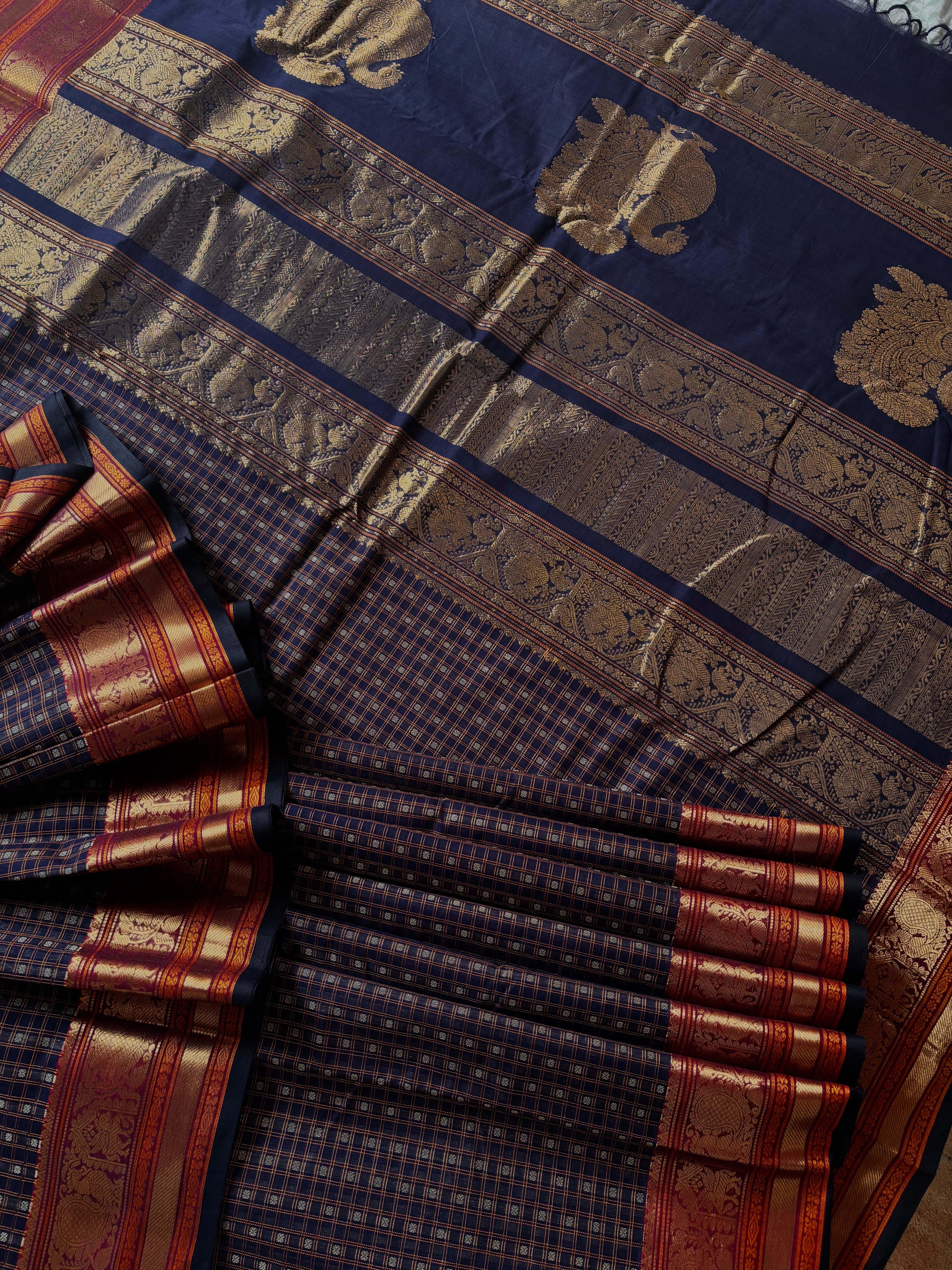 Handwoven Dark Navy Cotton Kanchipuram Saree