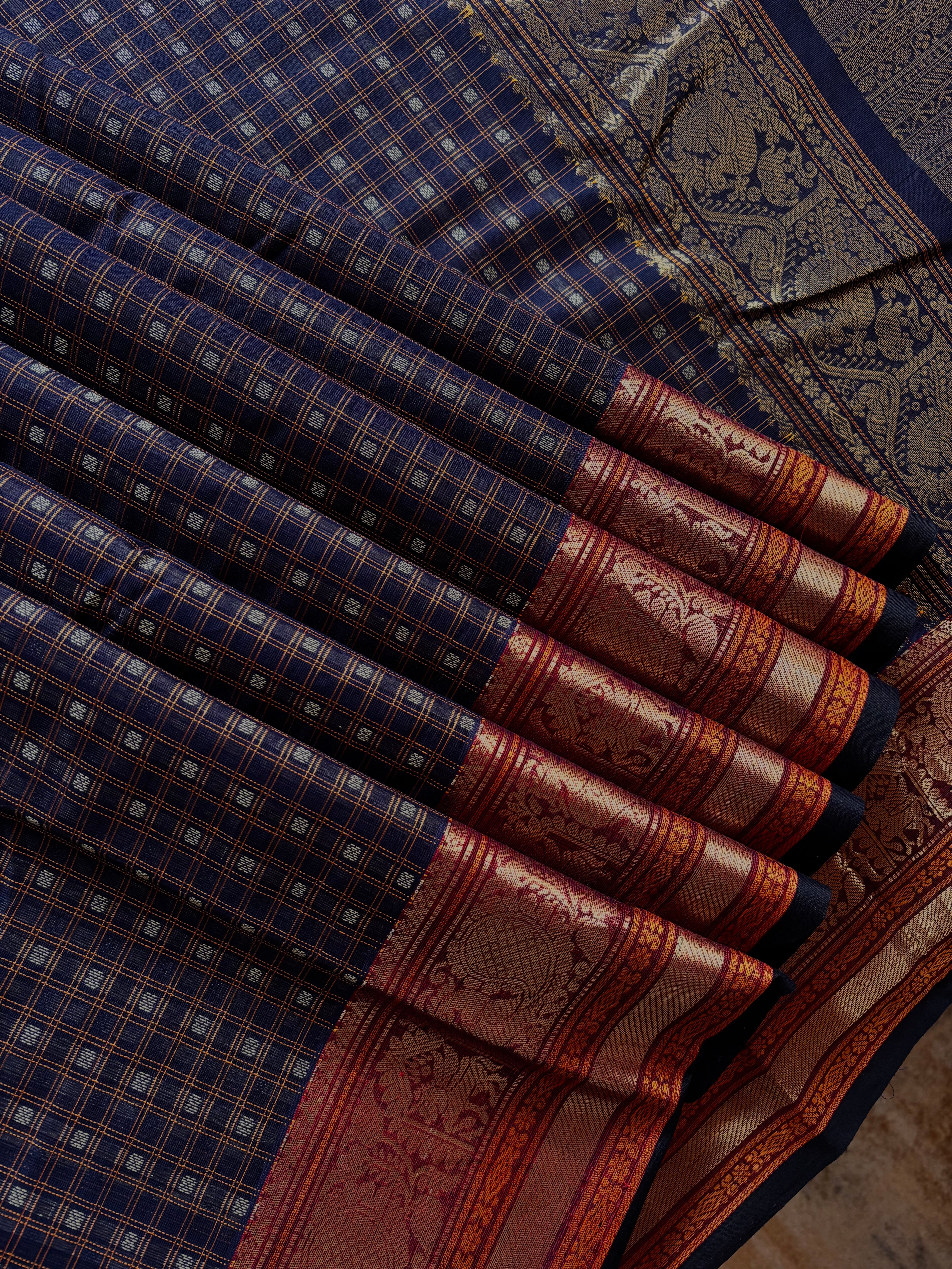 Handwoven Dark Navy Cotton Kanchipuram Saree