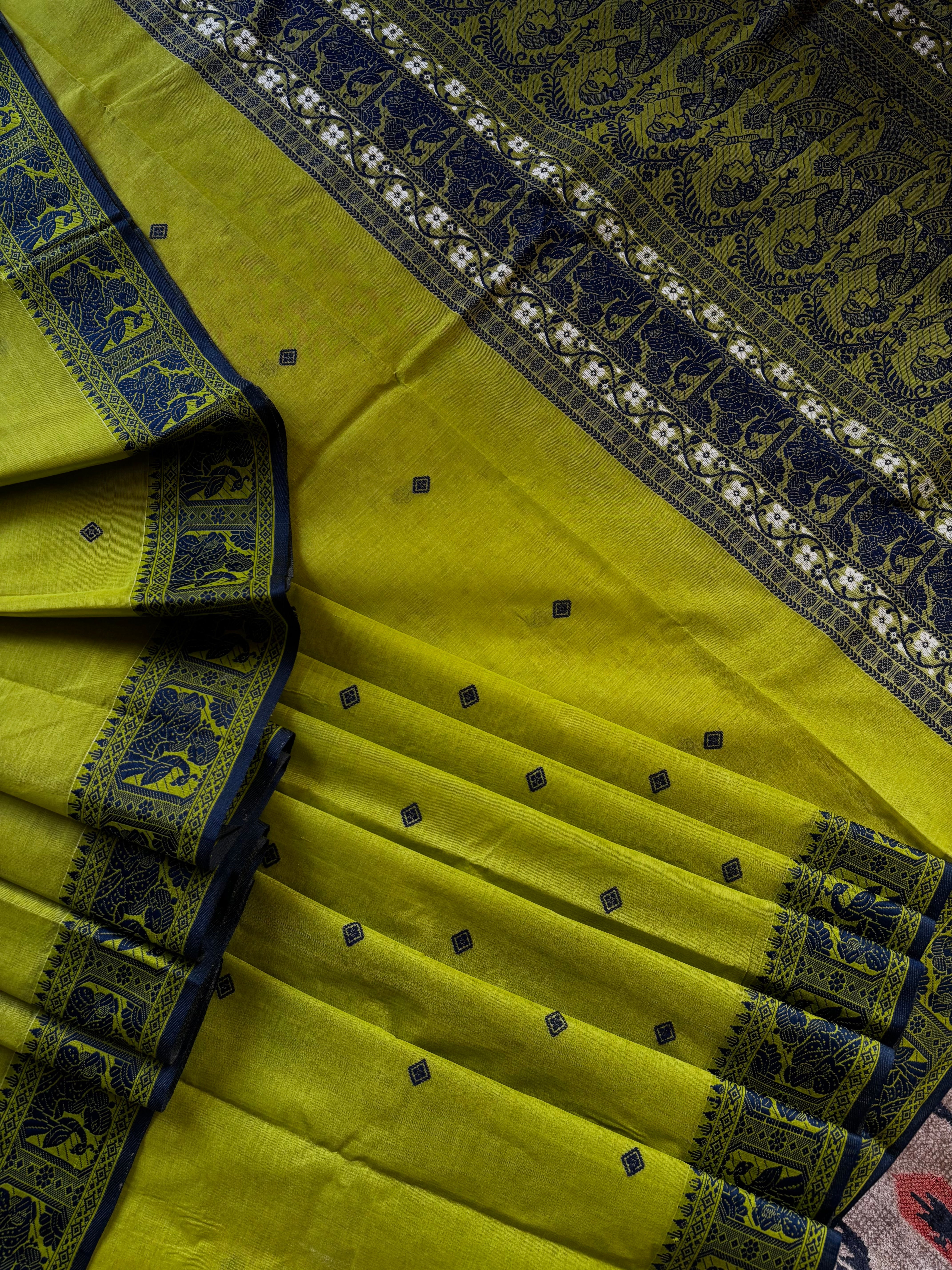 Handwoven Bright Olive Green Colour Cotton Baluchari Saree