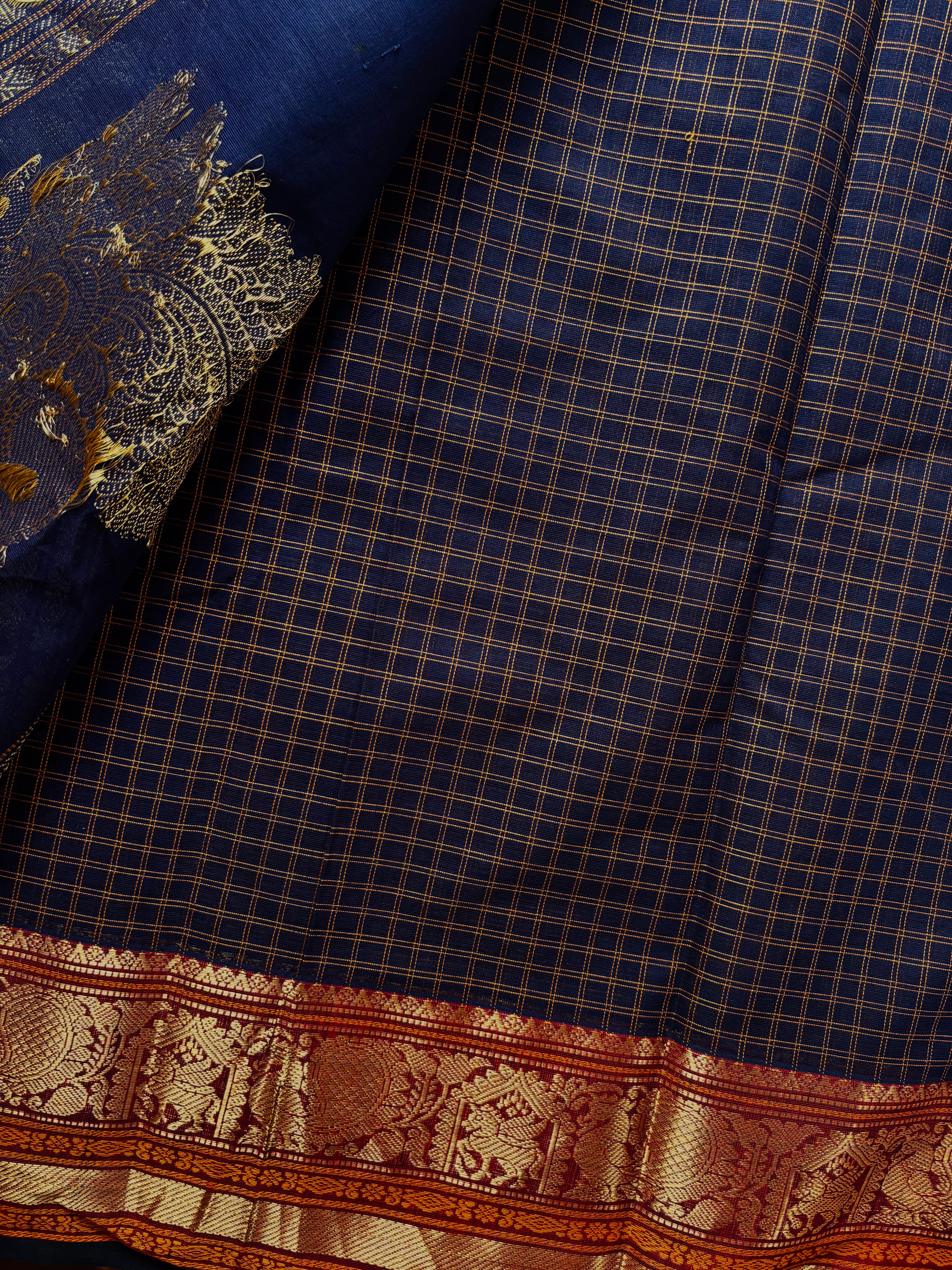 Handwoven Dark Navy Cotton Kanchipuram Saree