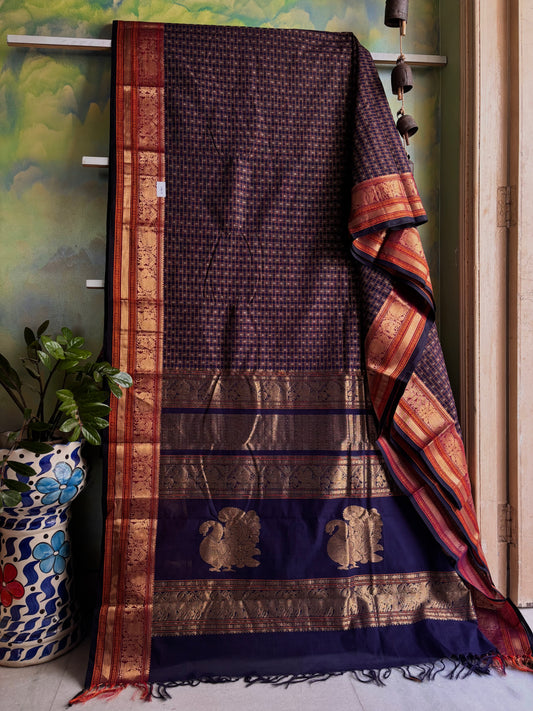 Handwoven Dark Navy Cotton Kanchipuram Saree