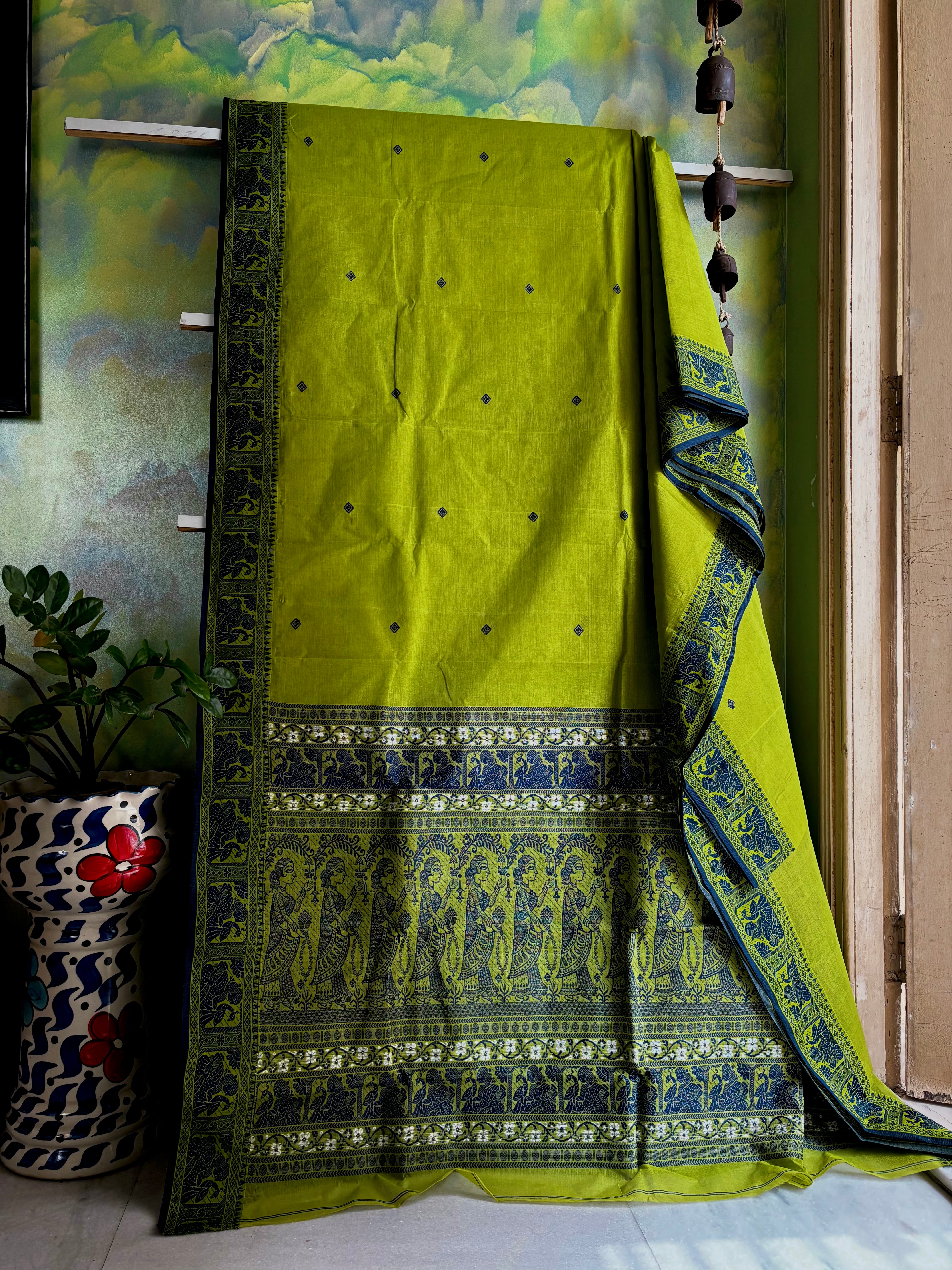 Handwoven Bright Olive Green Colour Cotton Baluchari Saree