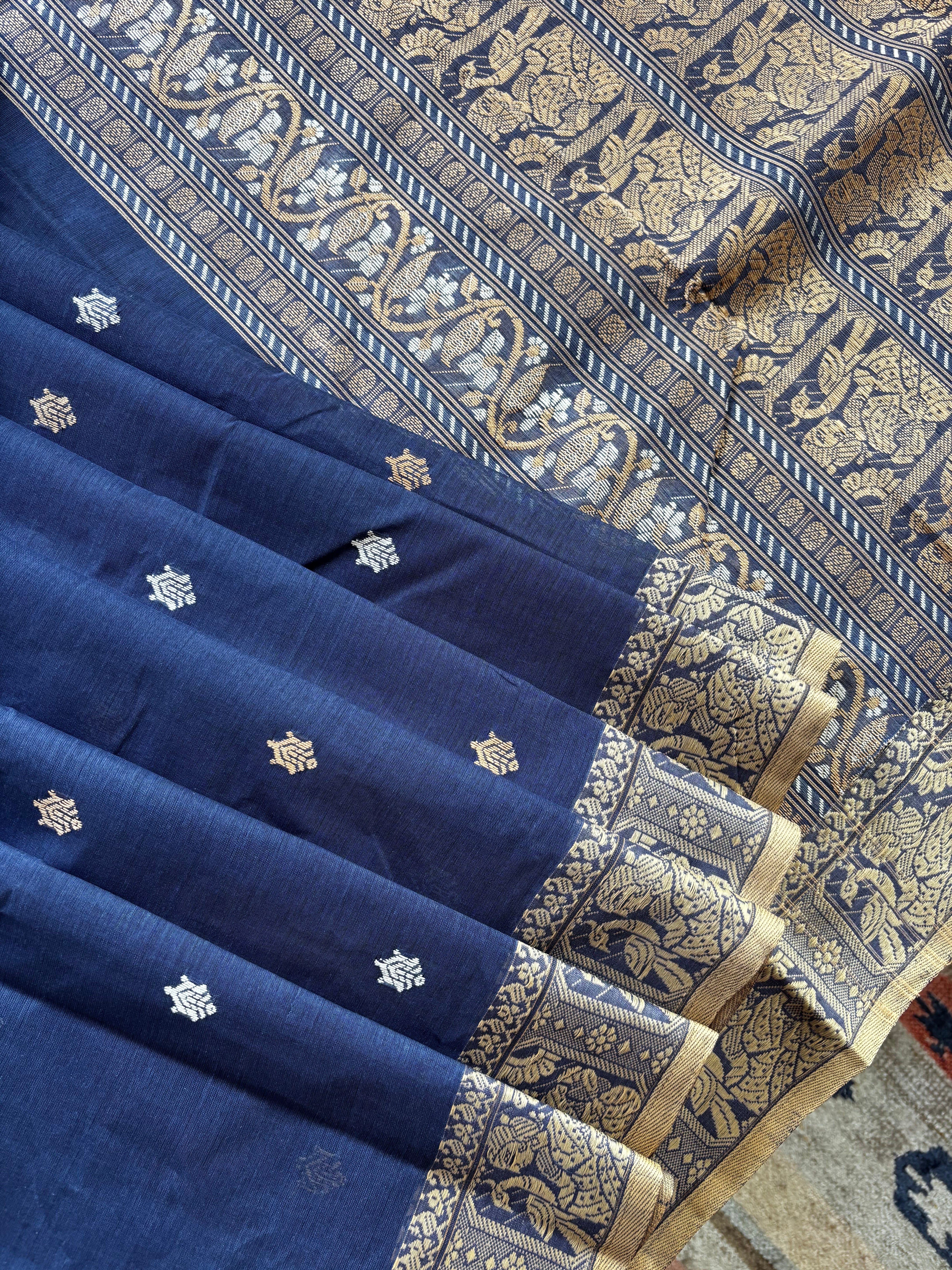 Handwoven Dusty Blue Colour Cotton Baluchari Saree