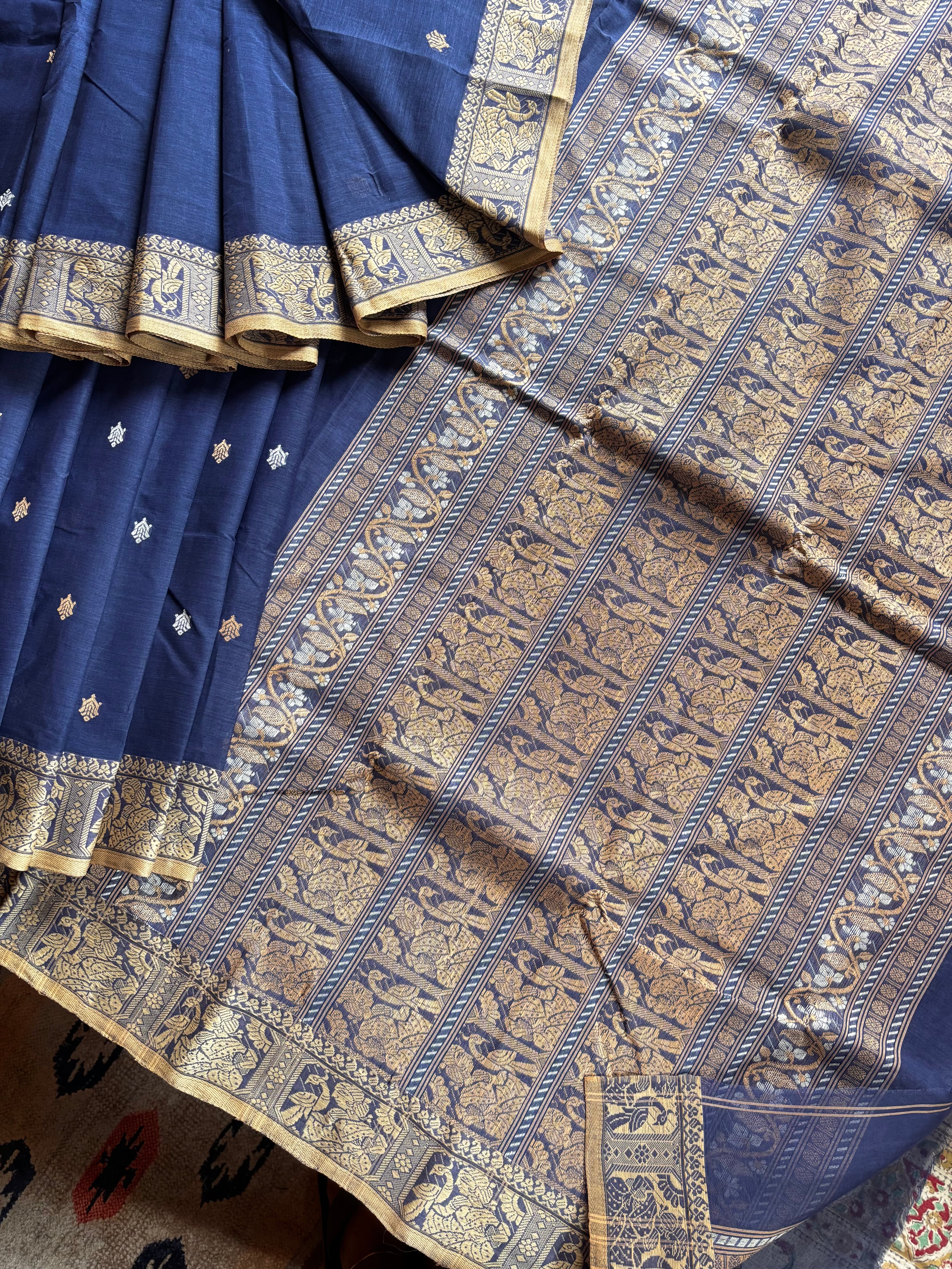 Handwoven Dusty Blue Colour Cotton Baluchari Saree