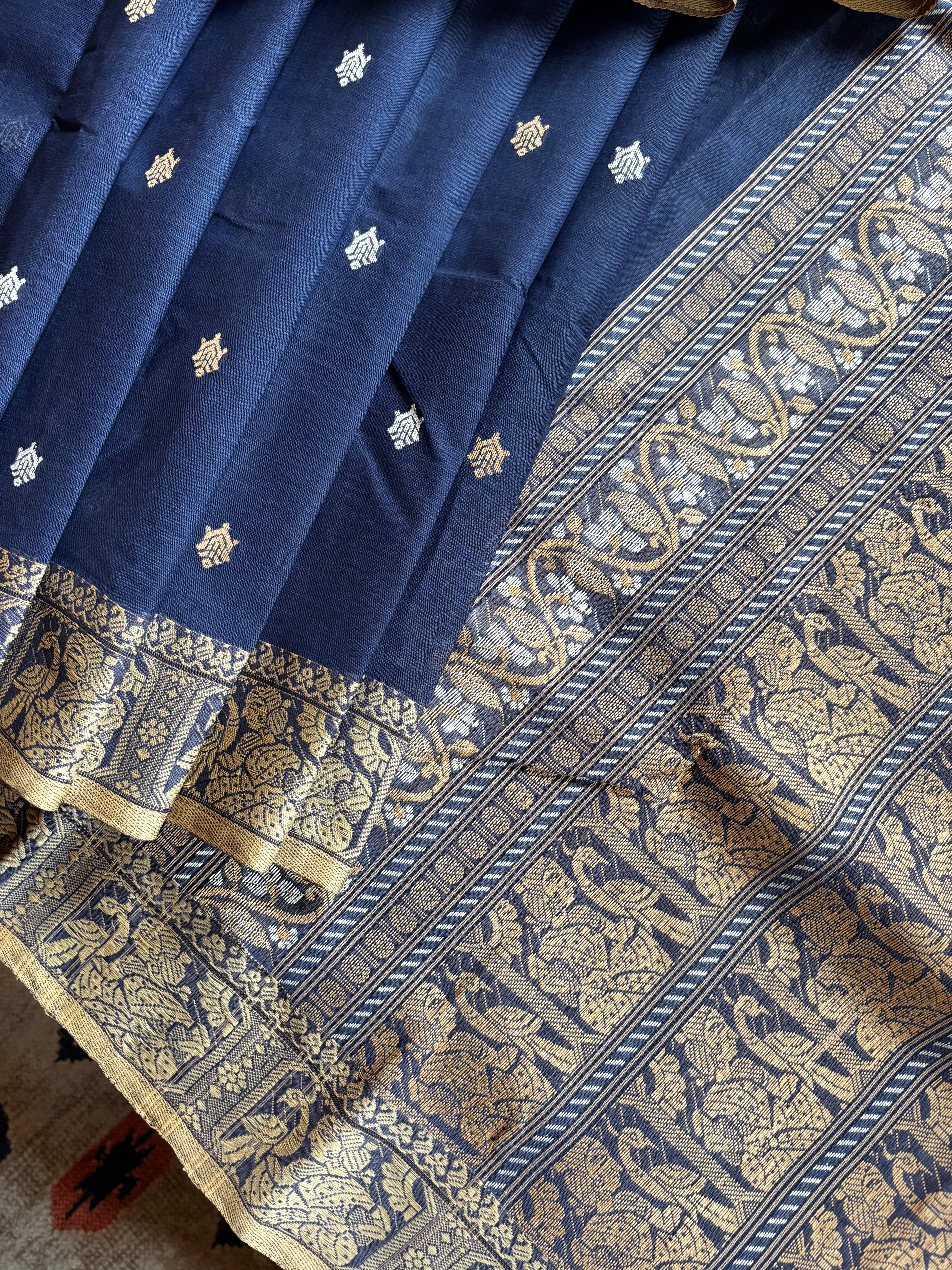 Handwoven Dusty Blue Colour Cotton Baluchari Saree