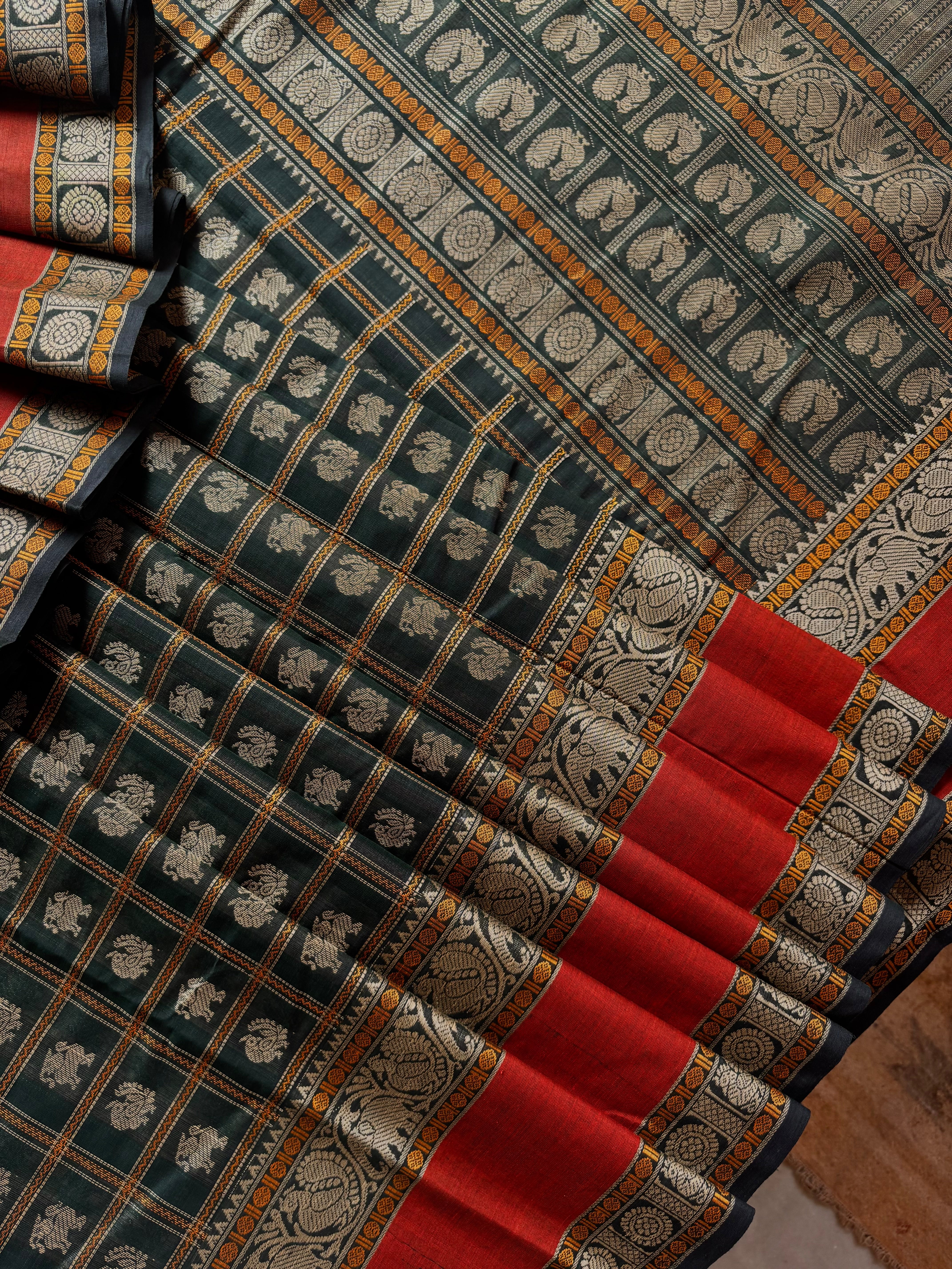 Handwoven Bottle Green Cotton Kanchipuram Saree