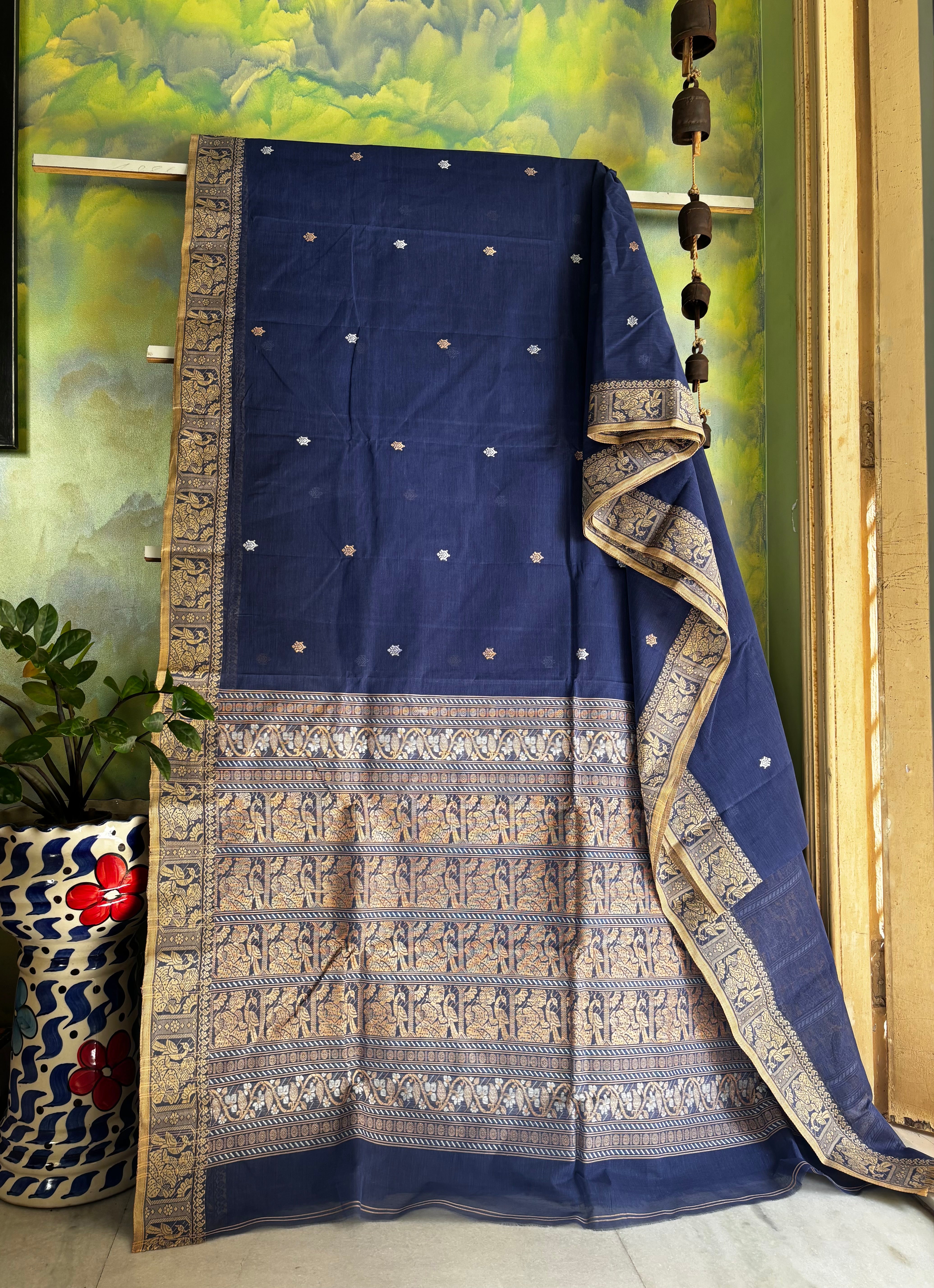 Handwoven Dusty Blue Colour Cotton Baluchari Saree