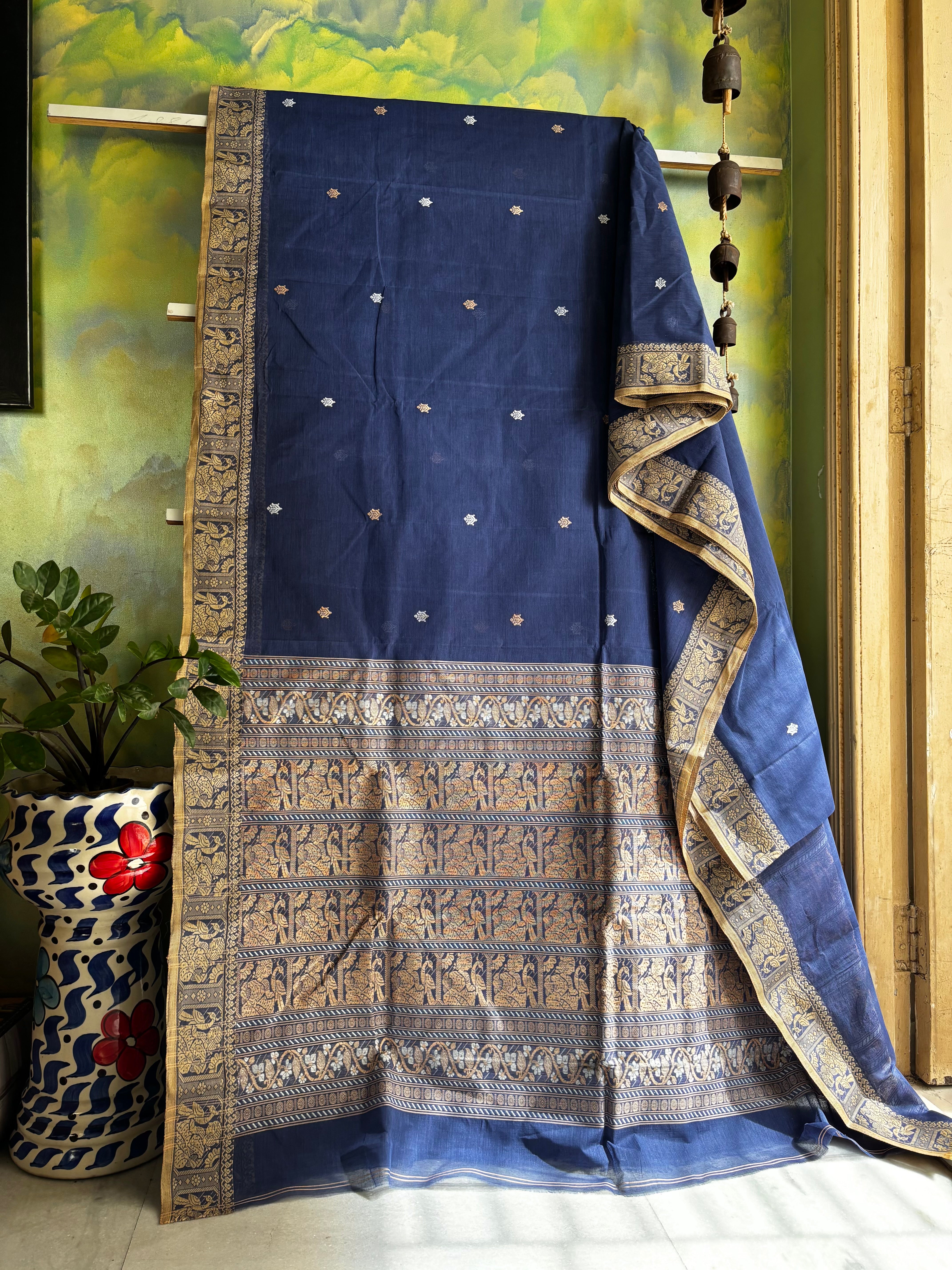 Handwoven Dusty Blue Colour Cotton Baluchari Saree