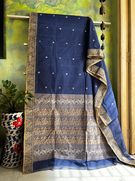 Handwoven Dusty Blue Colour Cotton Baluchari Saree
