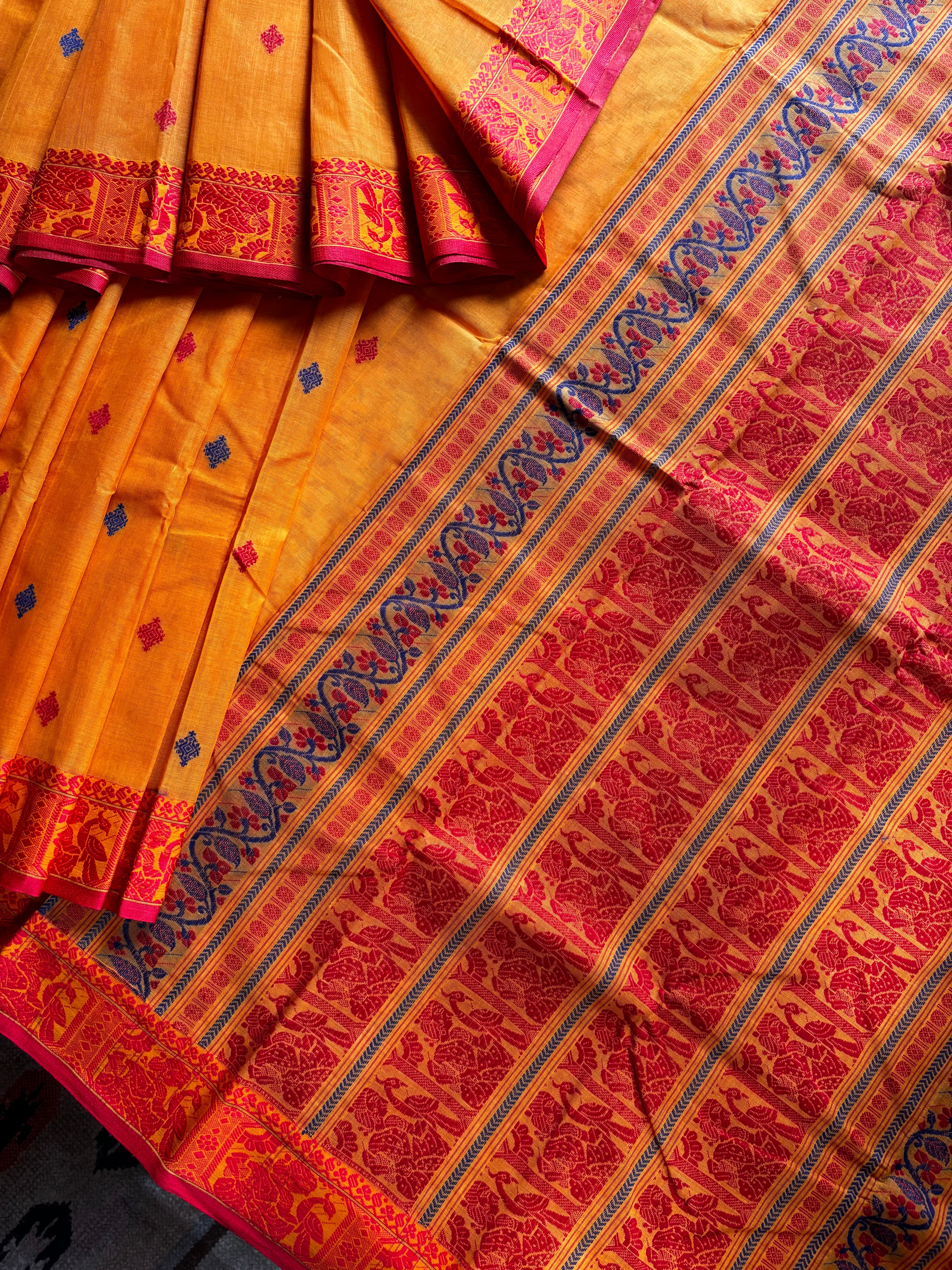 Handwoven Orange Colour Cotton Baluchari Saree
