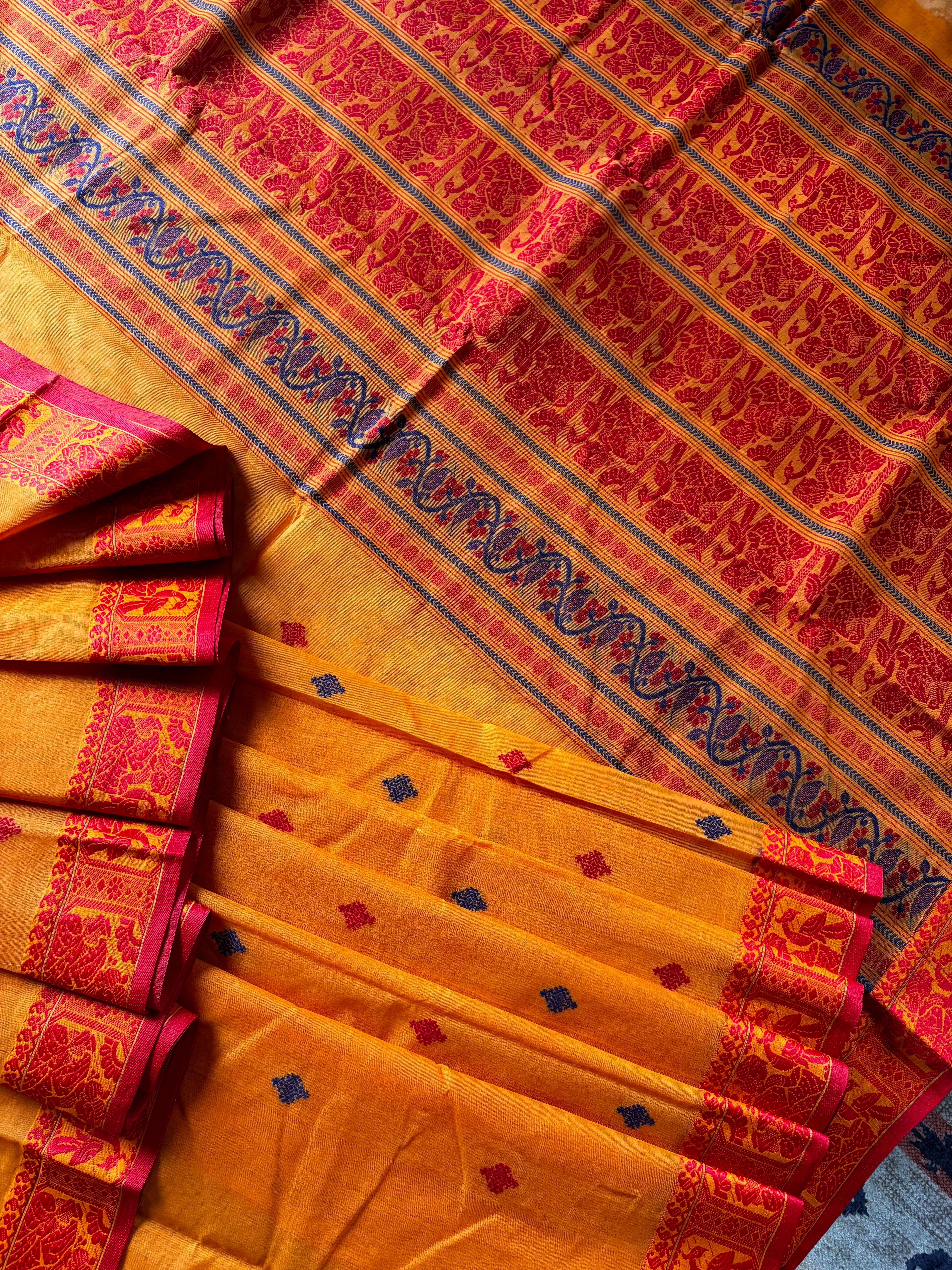 Handwoven Orange Colour Cotton Baluchari Saree