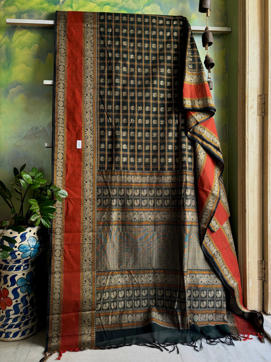Handwoven Bottle Green Cotton Kanchipuram Saree