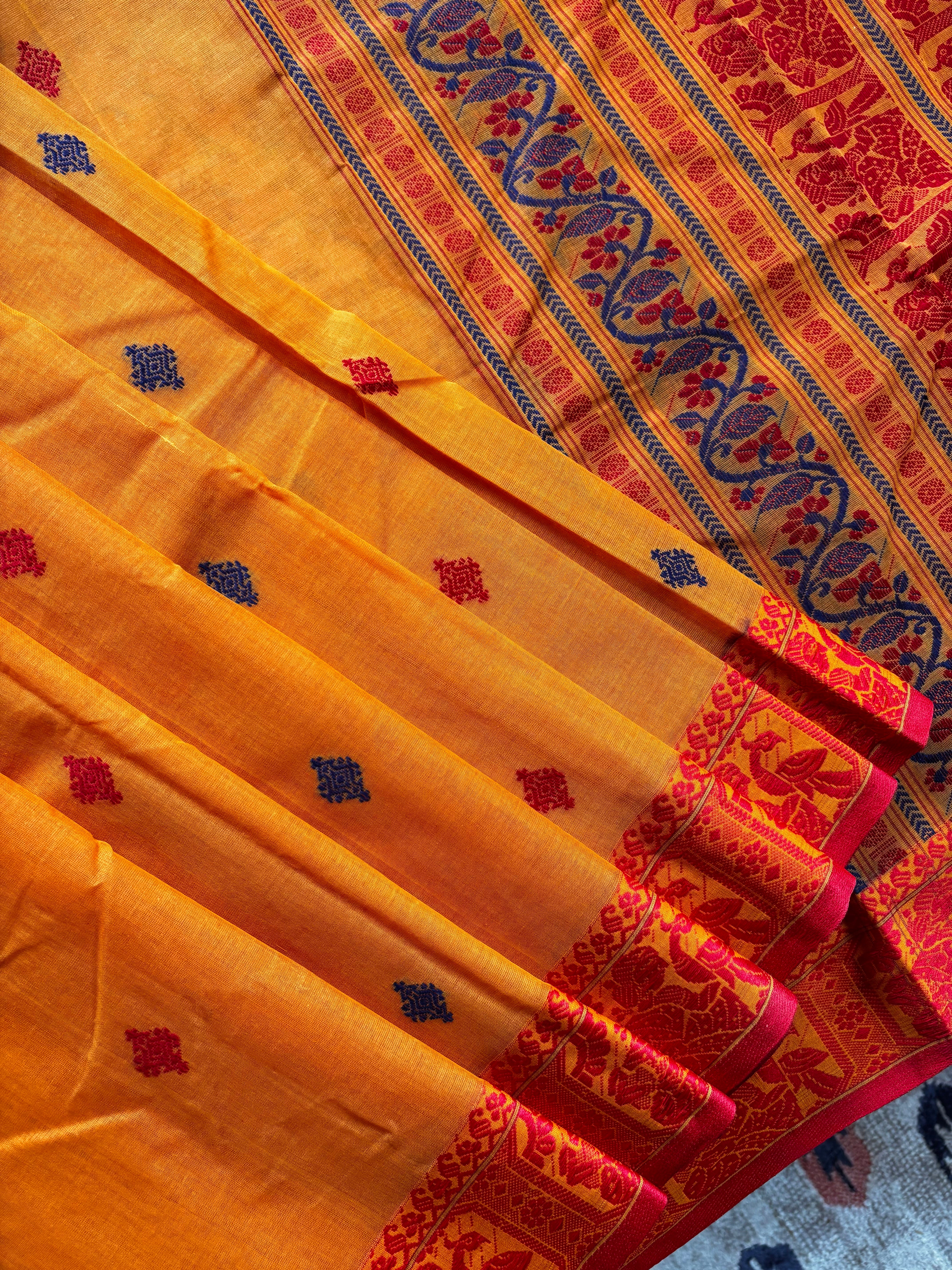 Handwoven Orange Colour Cotton Baluchari Saree