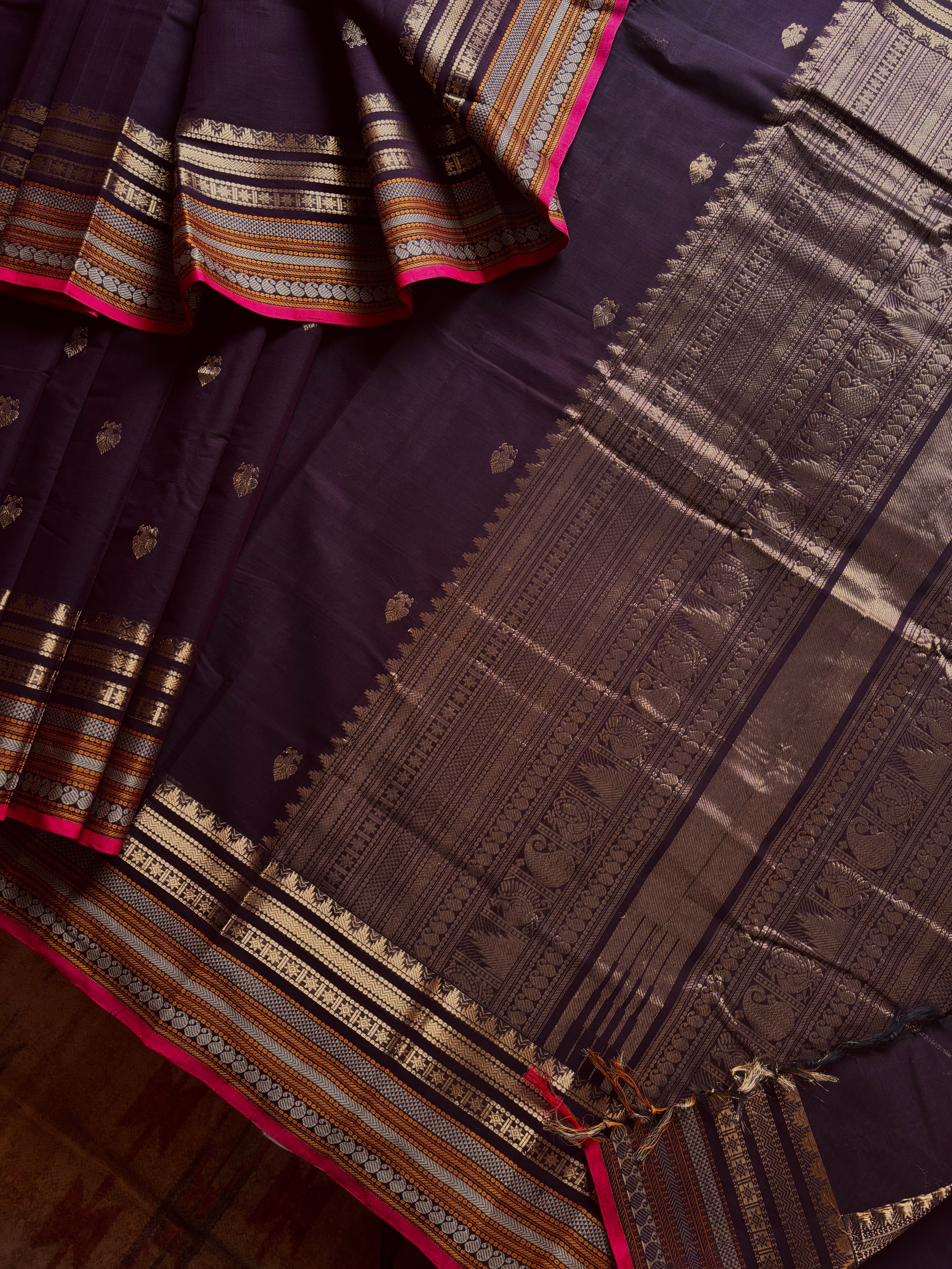 Handwoven Dark Plum Cotton Kanchipuram Saree