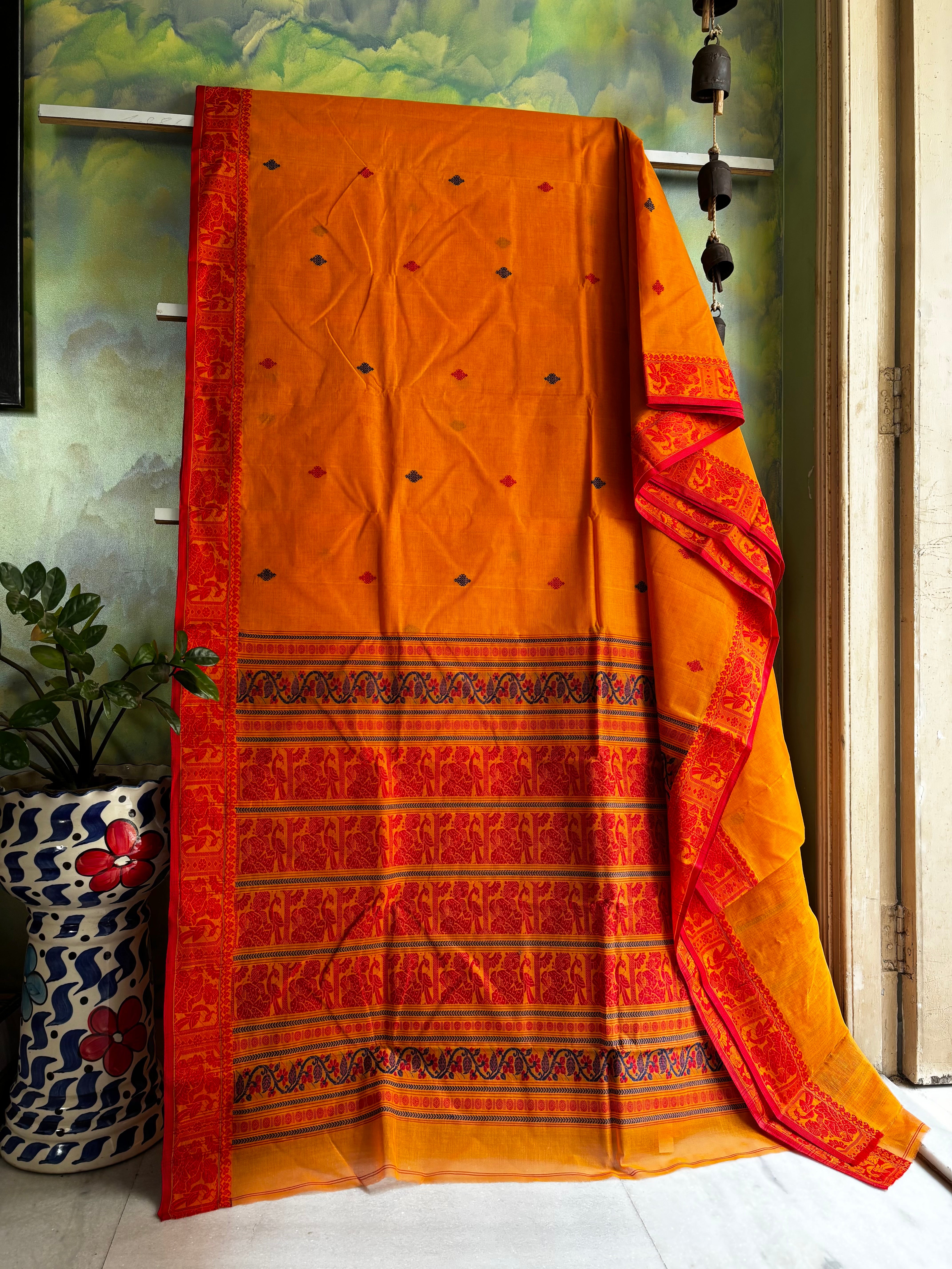 Handwoven Orange Colour Cotton Baluchari Saree