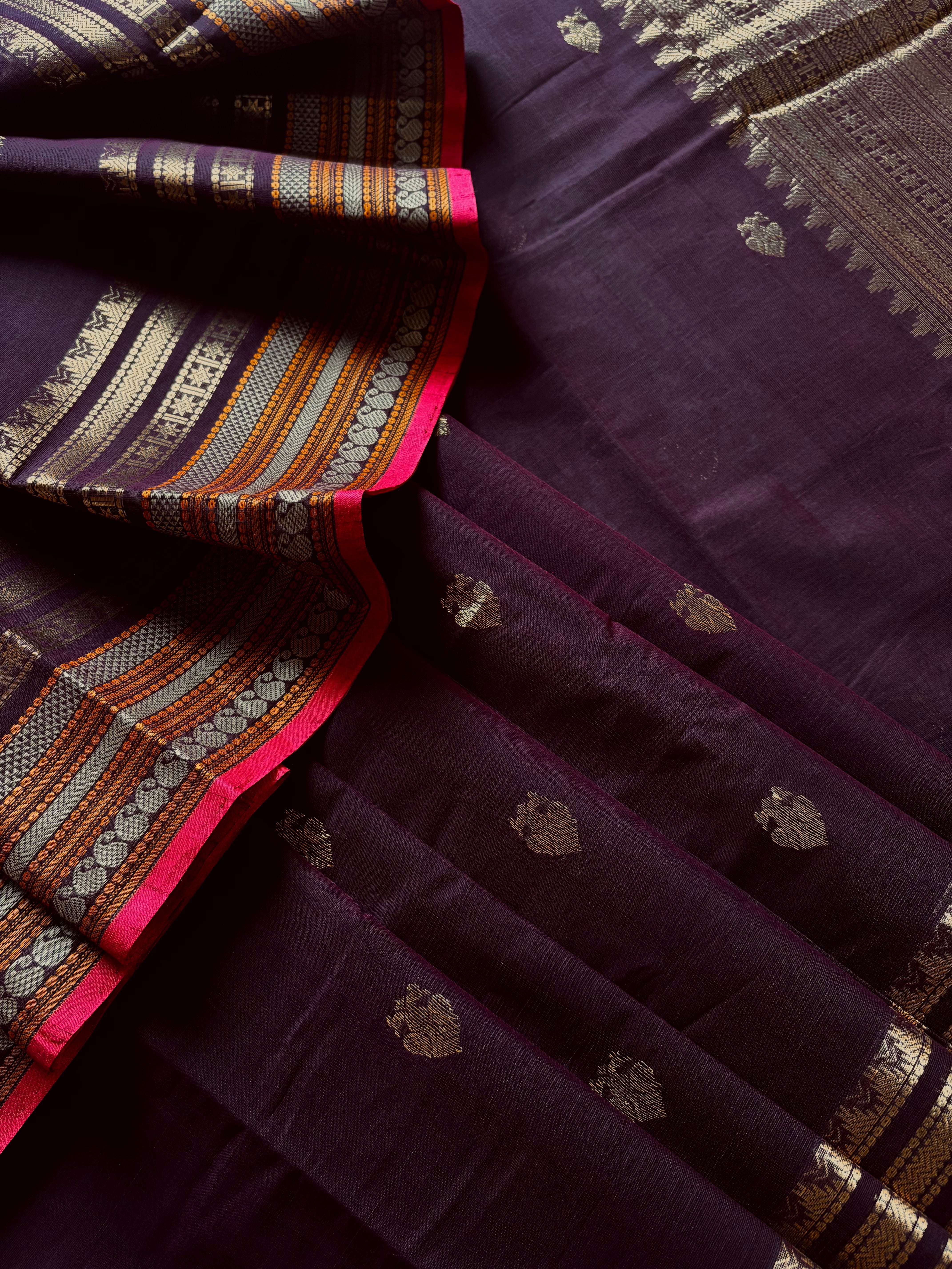 Handwoven Dark Plum Cotton Kanchipuram Saree