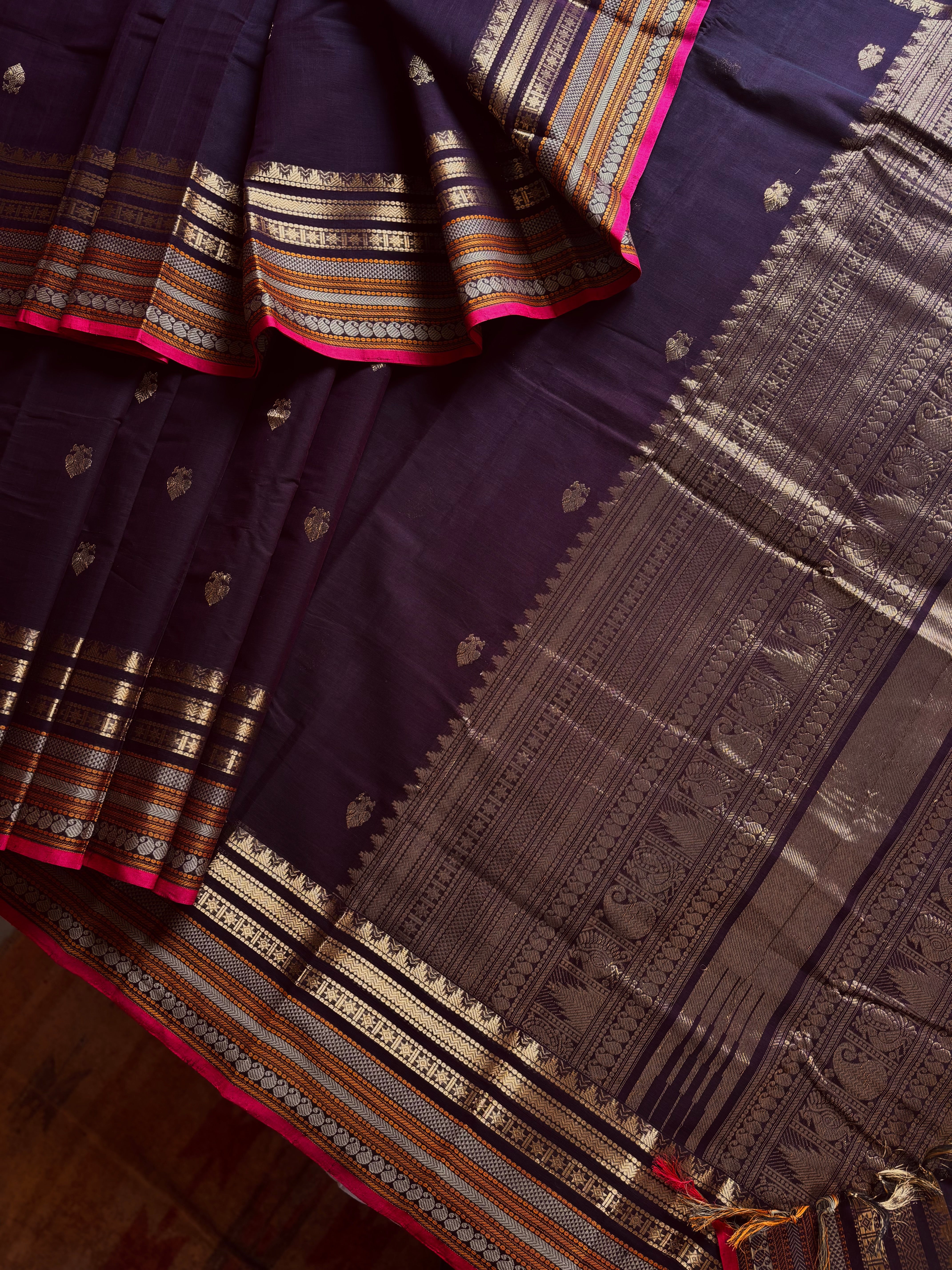 Handwoven Dark Plum Cotton Kanchipuram Saree