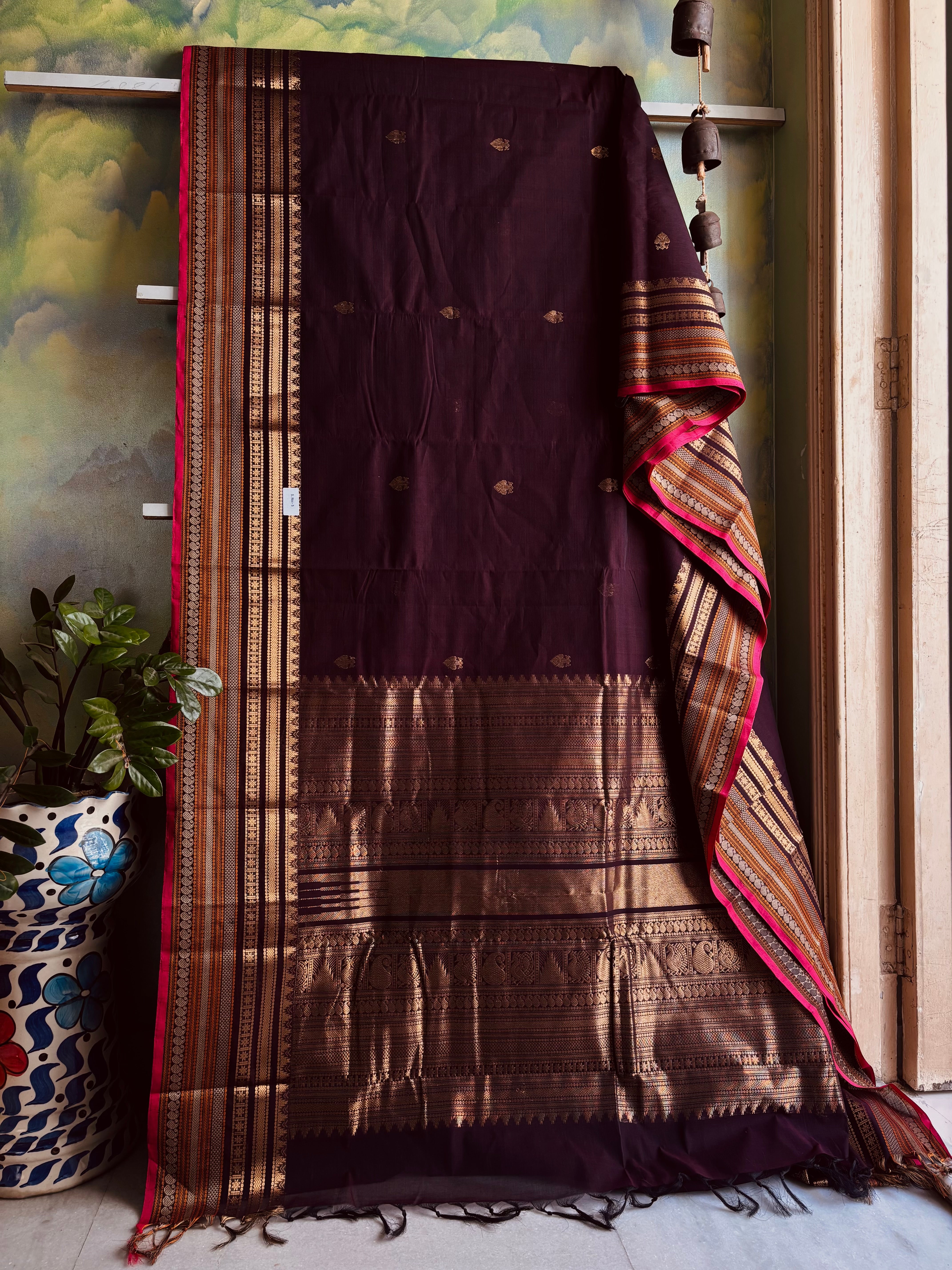 Handwoven Dark Plum Cotton Kanchipuram Saree