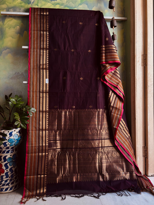 Handwoven Dark Plum Cotton Kanchipuram Saree