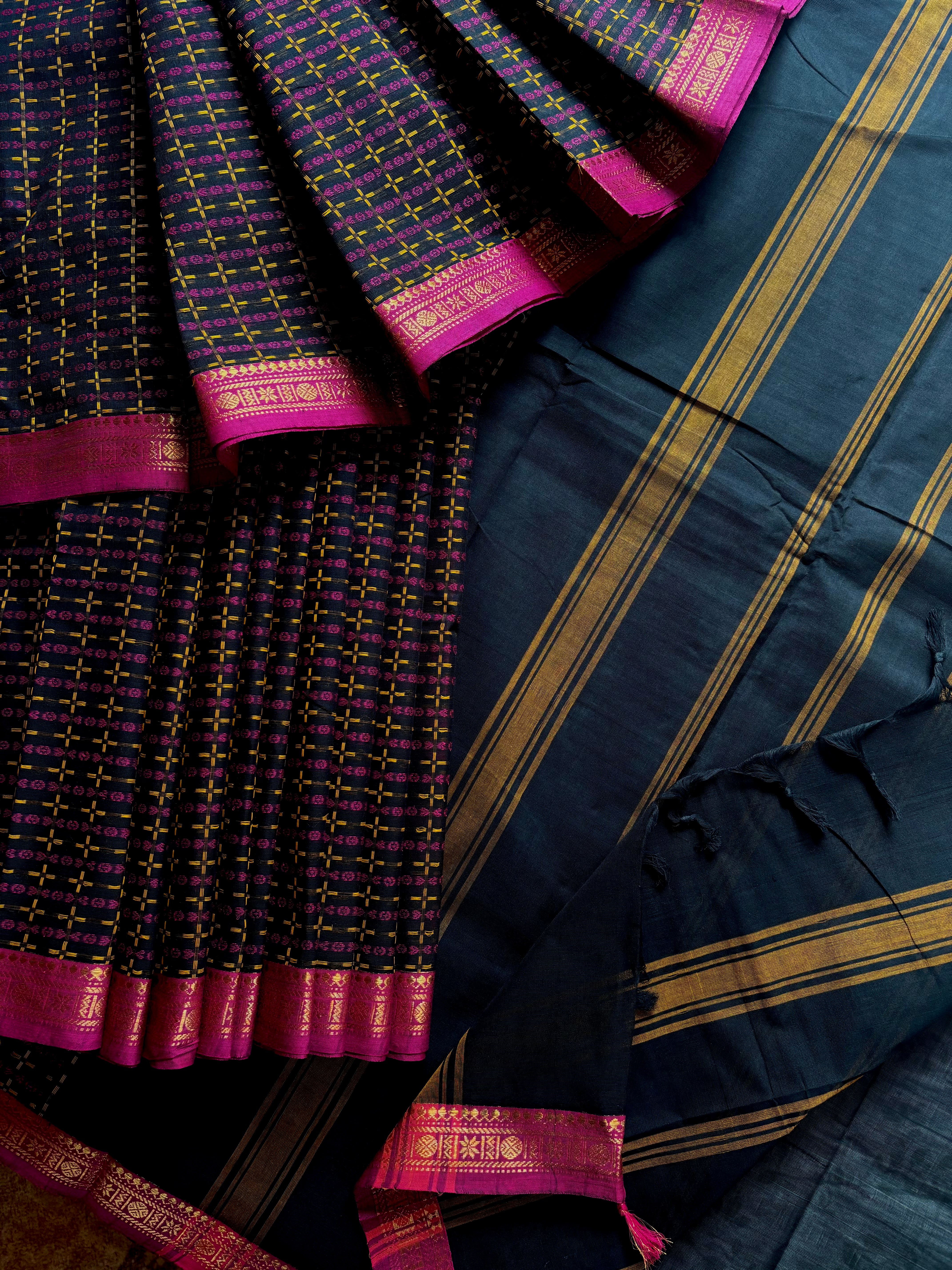 Pure Cotton Black Pink Kanchipuram Saree