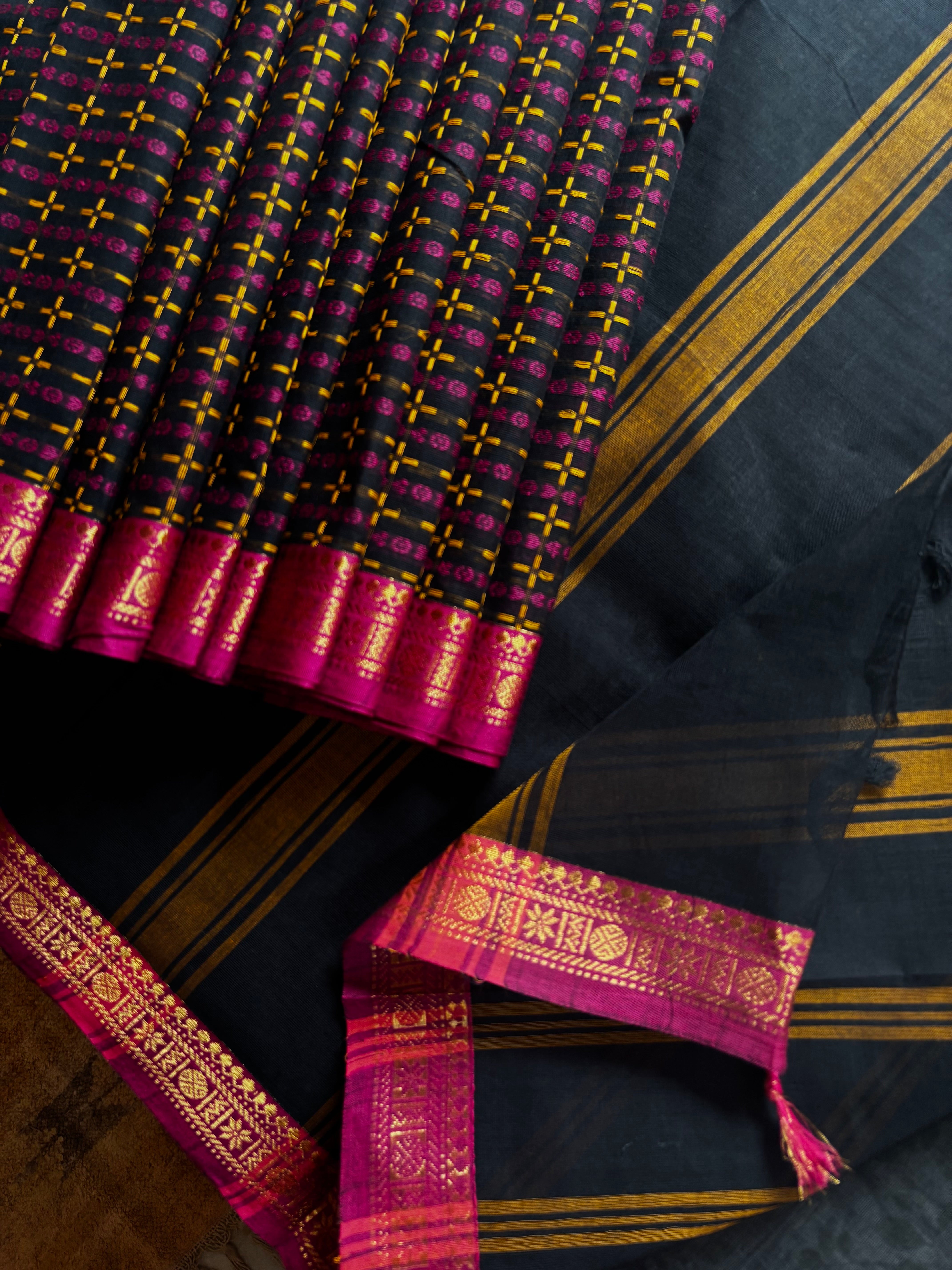 Pure Cotton Black Pink Kanchipuram Saree