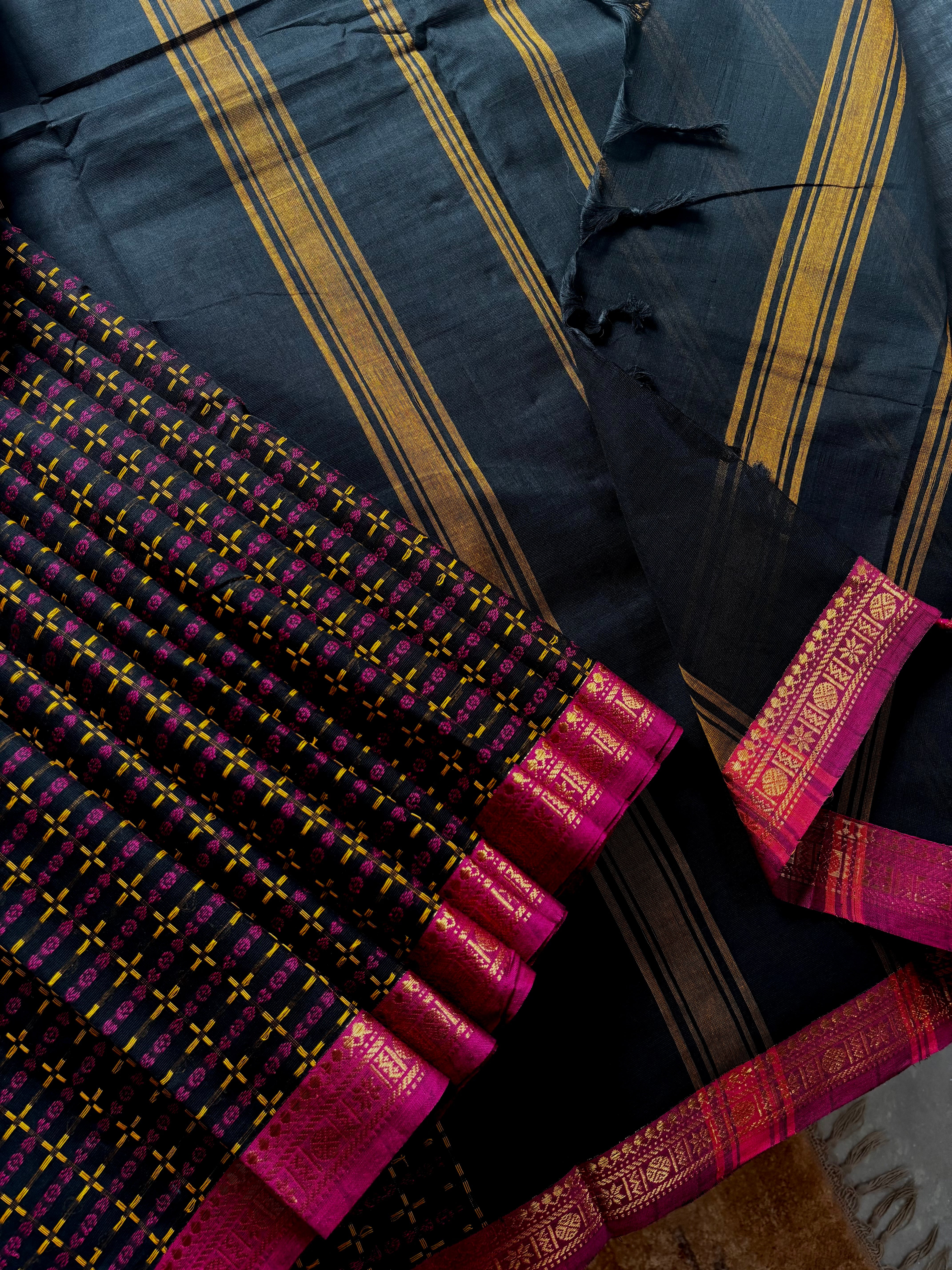 Pure Cotton Black Pink Kanchipuram Saree
