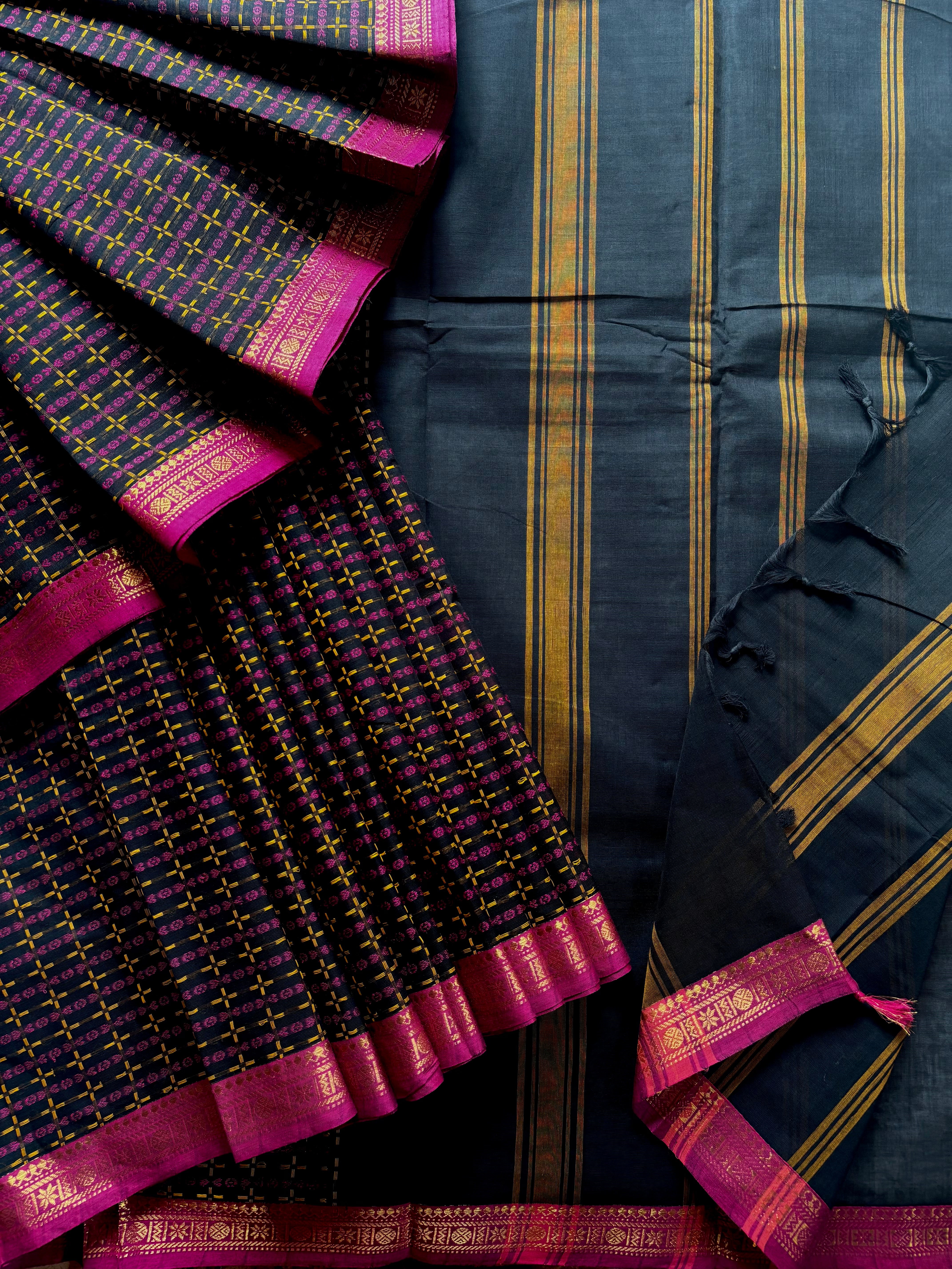 Pure Cotton Black Pink Kanchipuram Saree