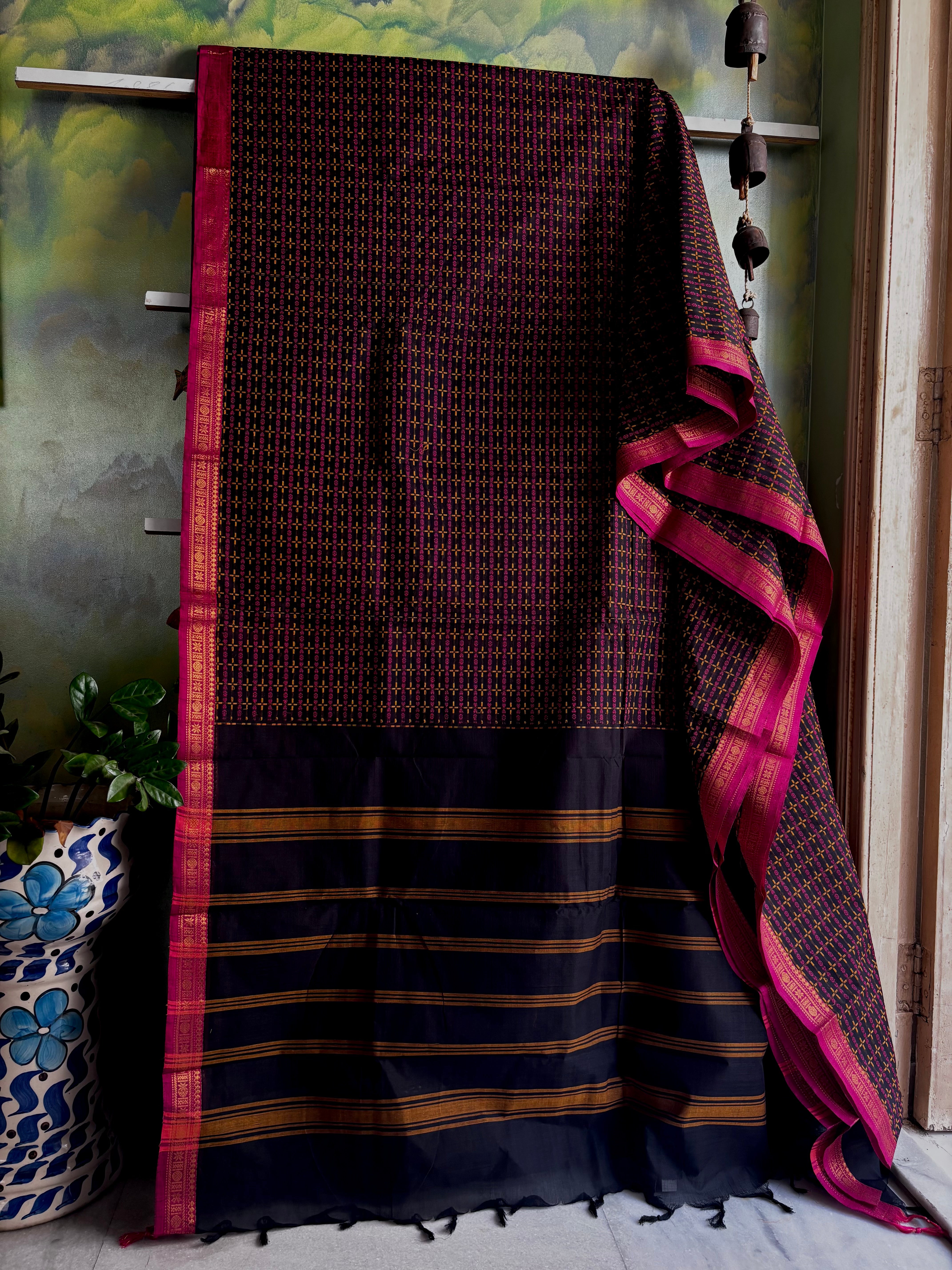 Pure Cotton Black Pink Kanchipuram Saree