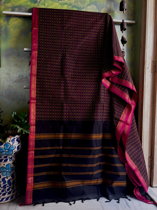 Pure Cotton Black Pink Kanchipuram Saree