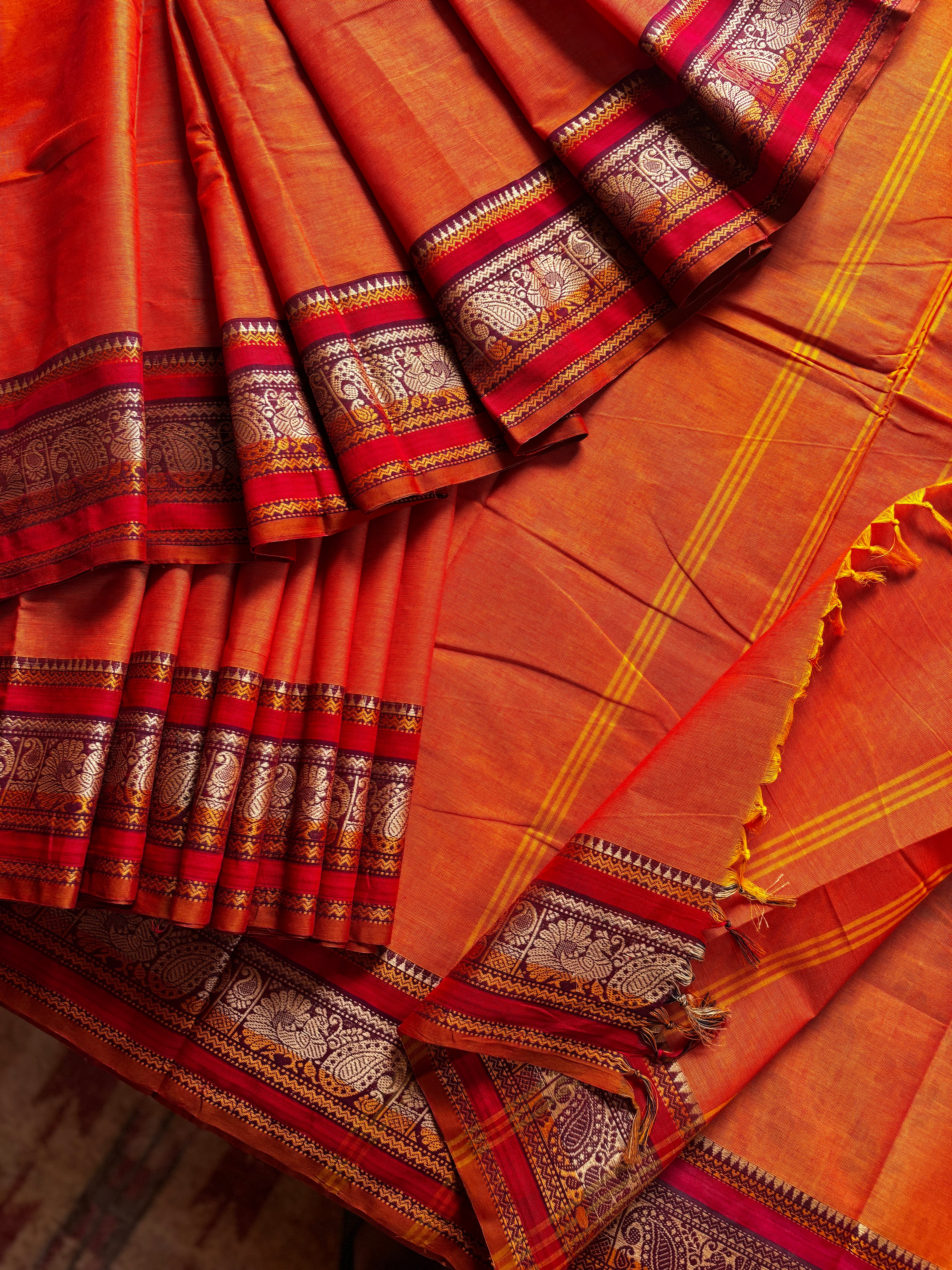 Pure Cotton Orange Without Zari Kanchipuram Saree