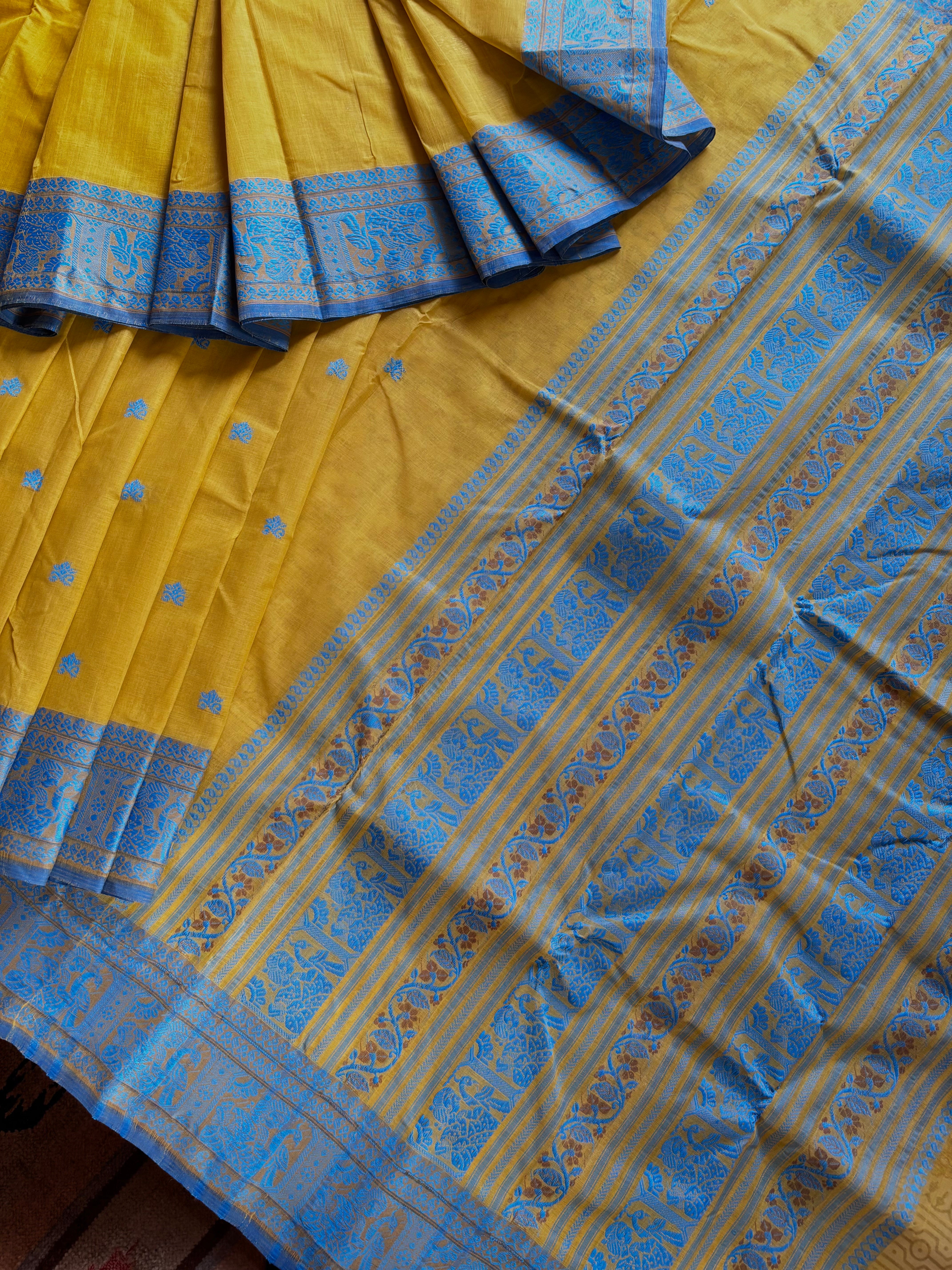 Handwoven Light Mustard Yellow Colour Cotton Baluchari Saree