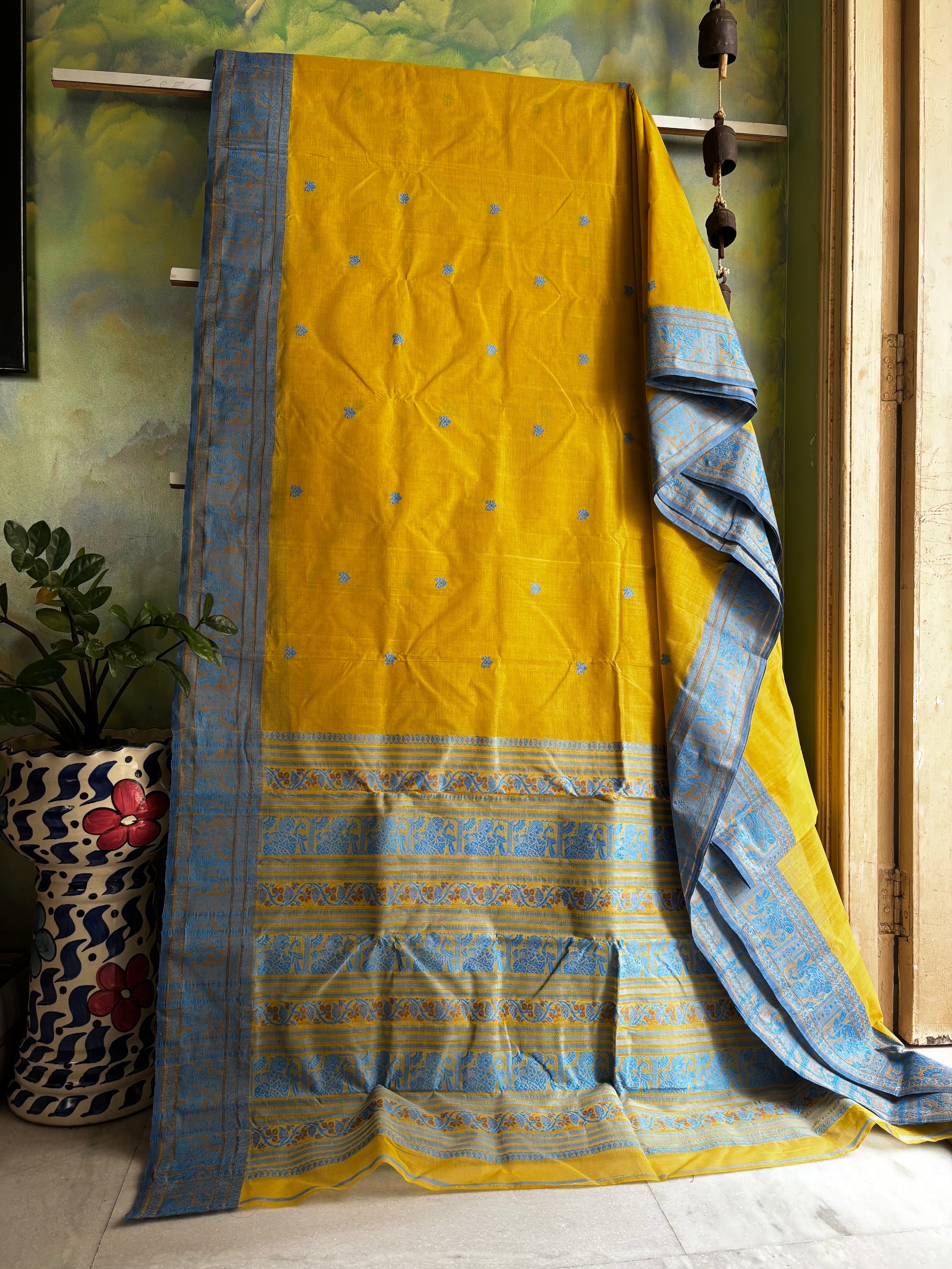Handwoven Light Mustard Yellow Colour Cotton Baluchari Saree