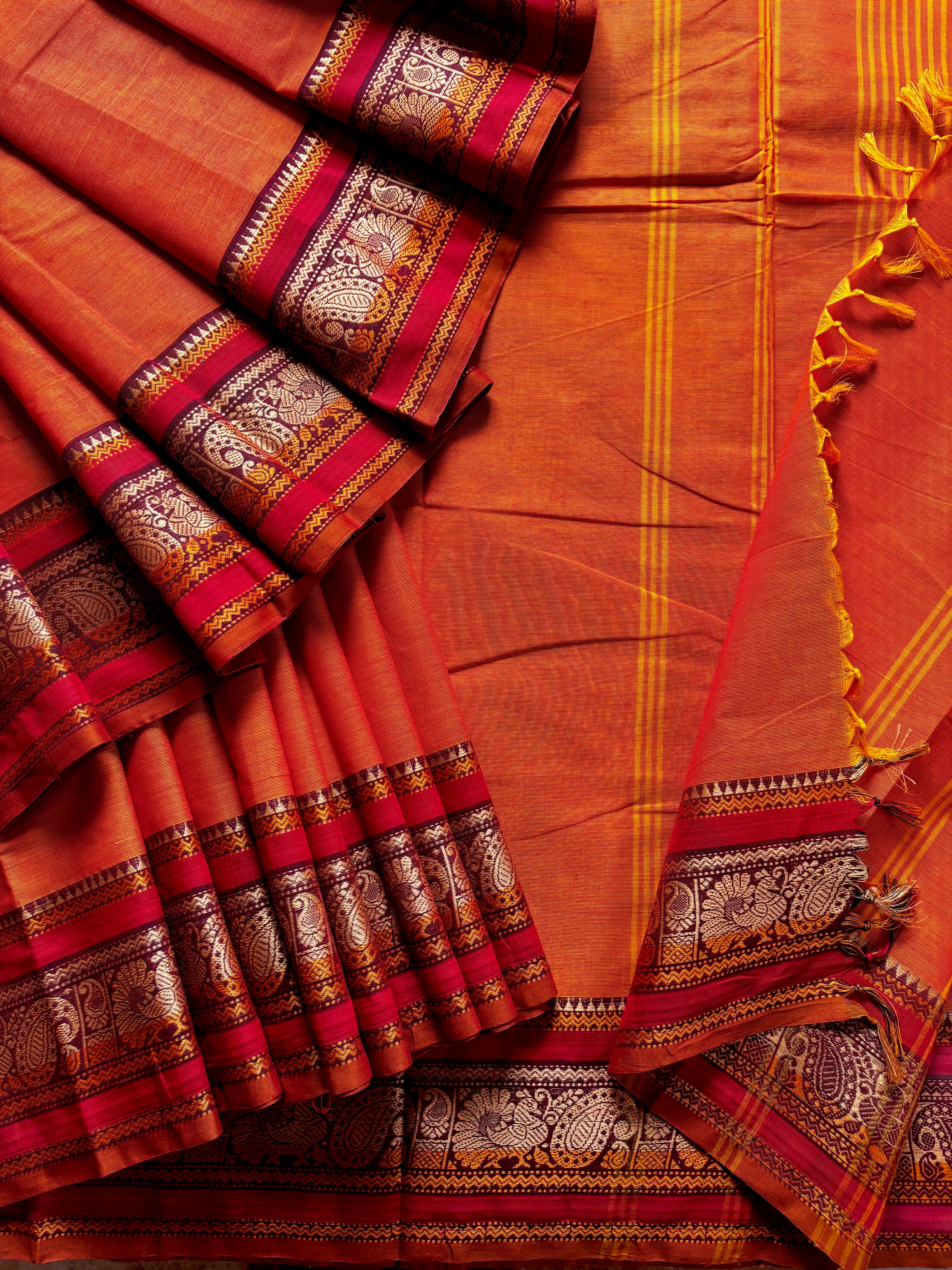 Pure Cotton Orange Without Zari Kanchipuram Saree