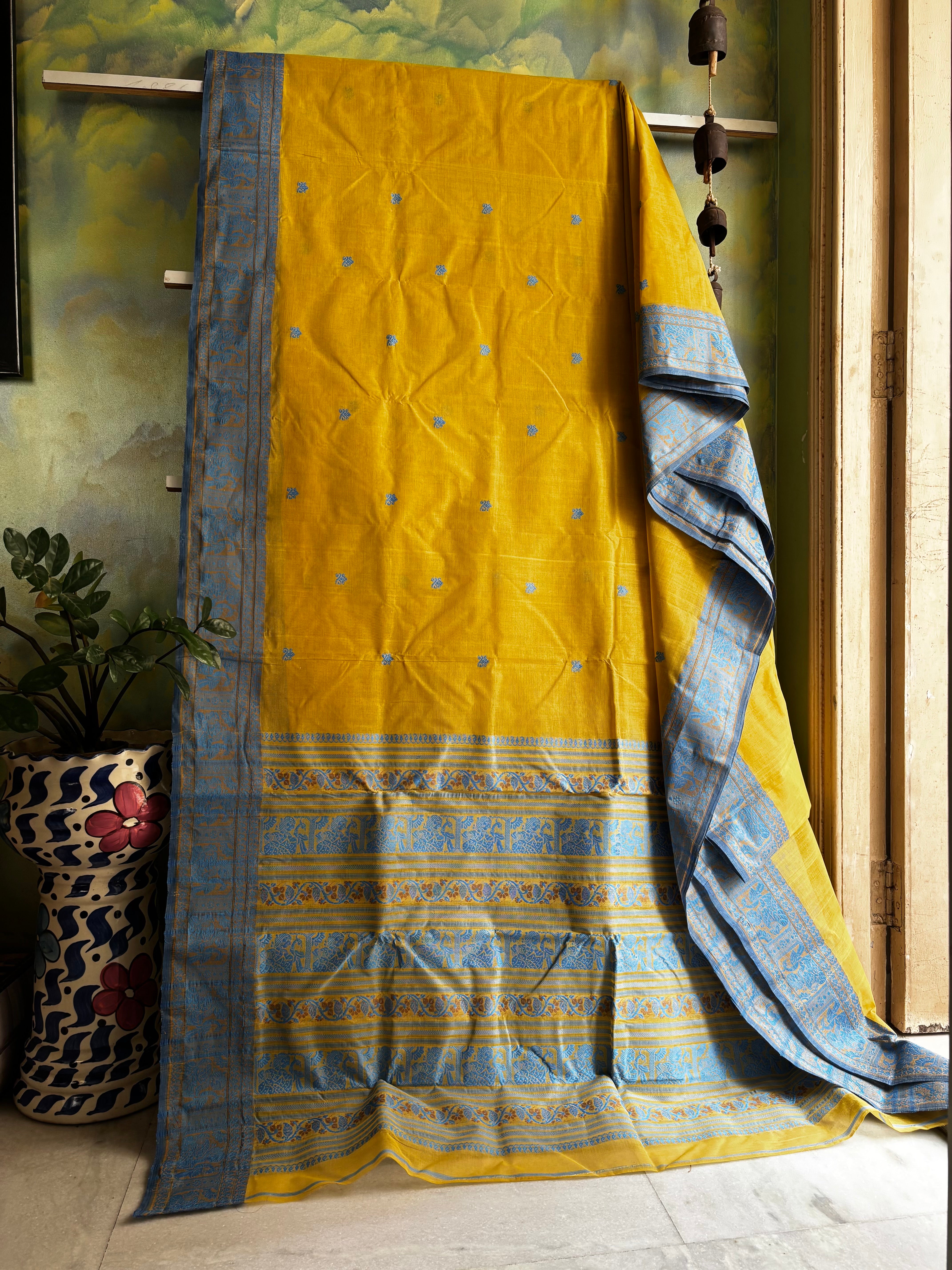 Handwoven Light Mustard Yellow Colour Cotton Baluchari Saree