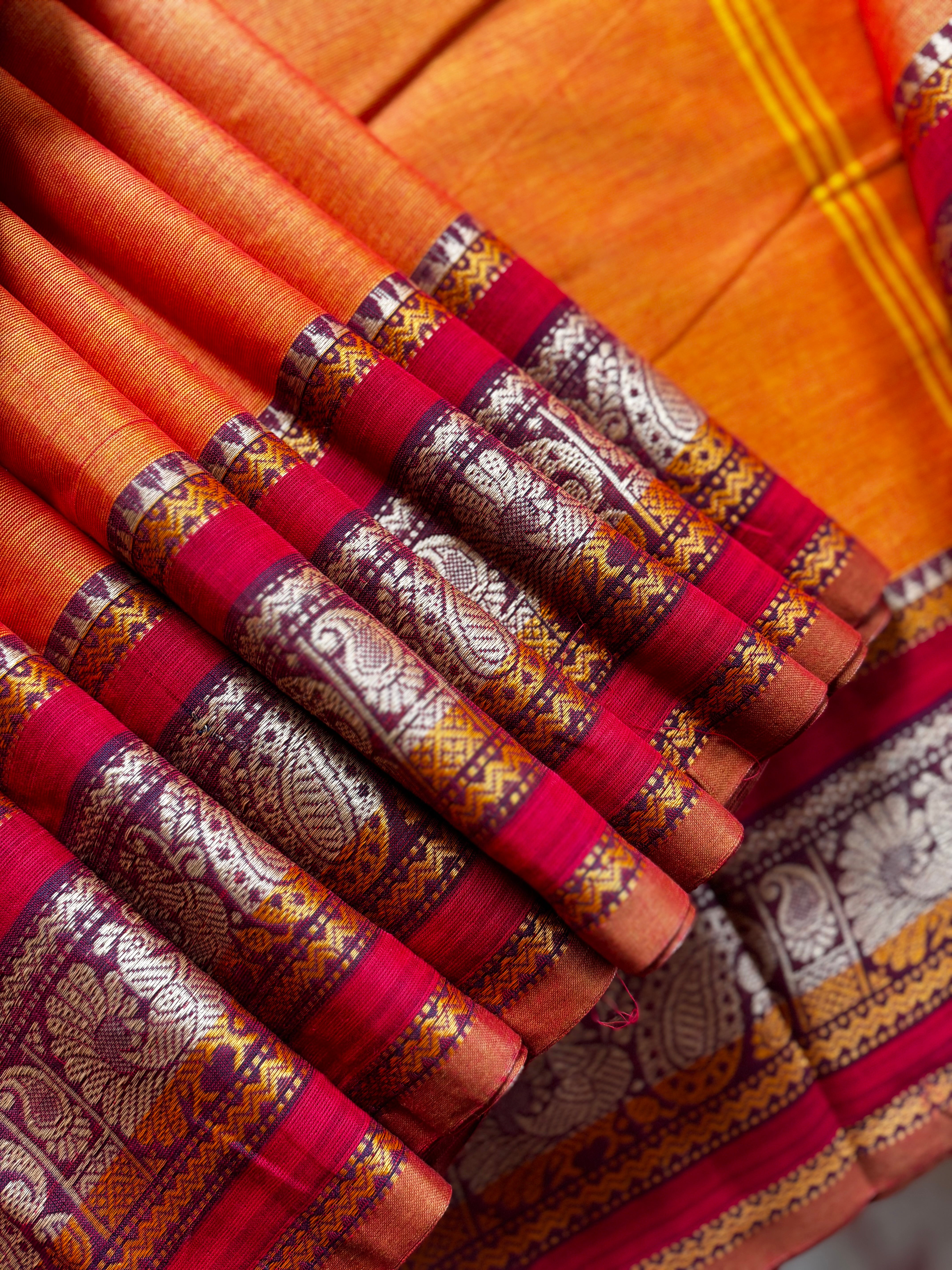 Pure Cotton Orange Without Zari Kanchipuram Saree