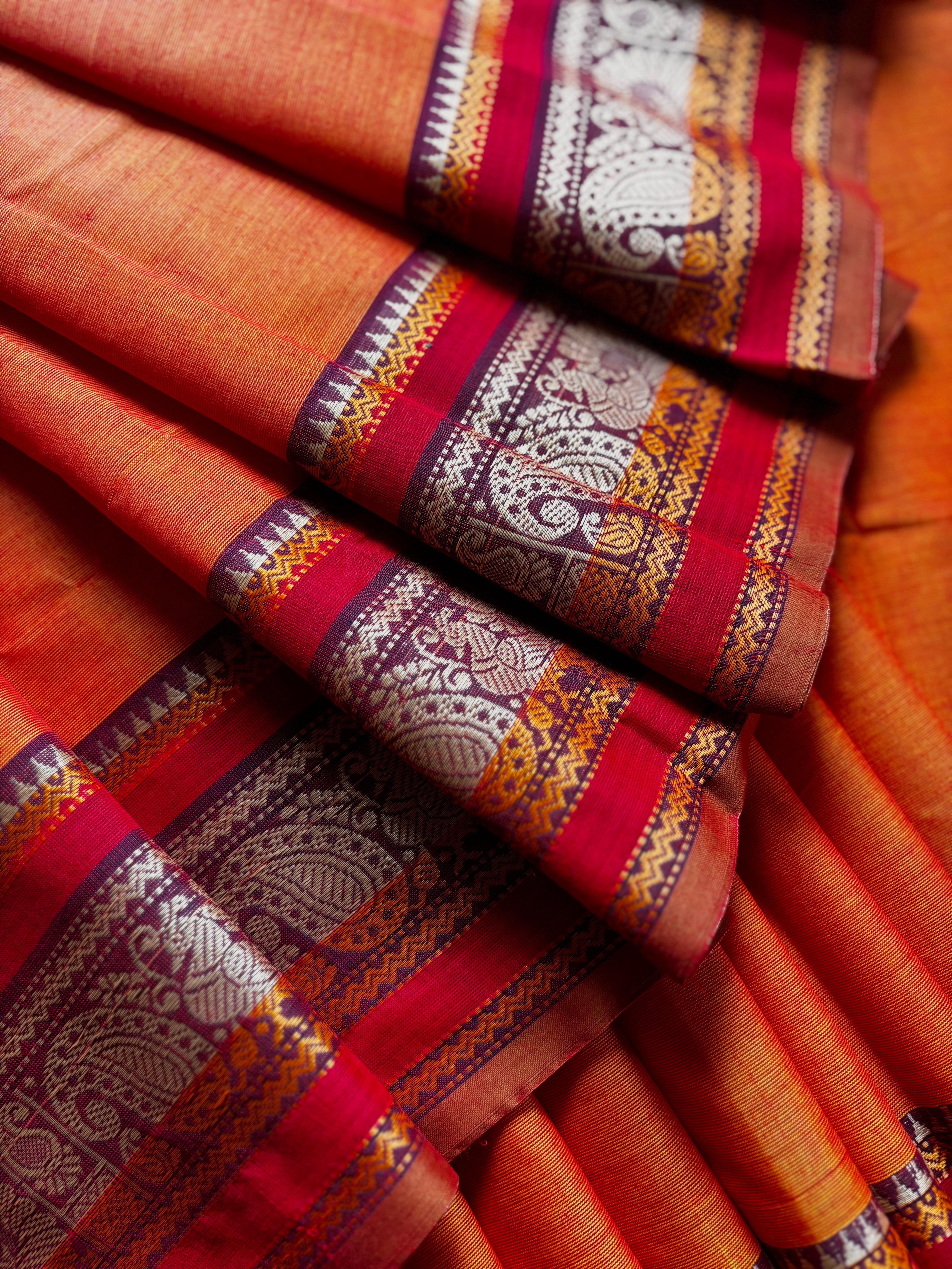 Pure Cotton Orange Without Zari Kanchipuram Saree