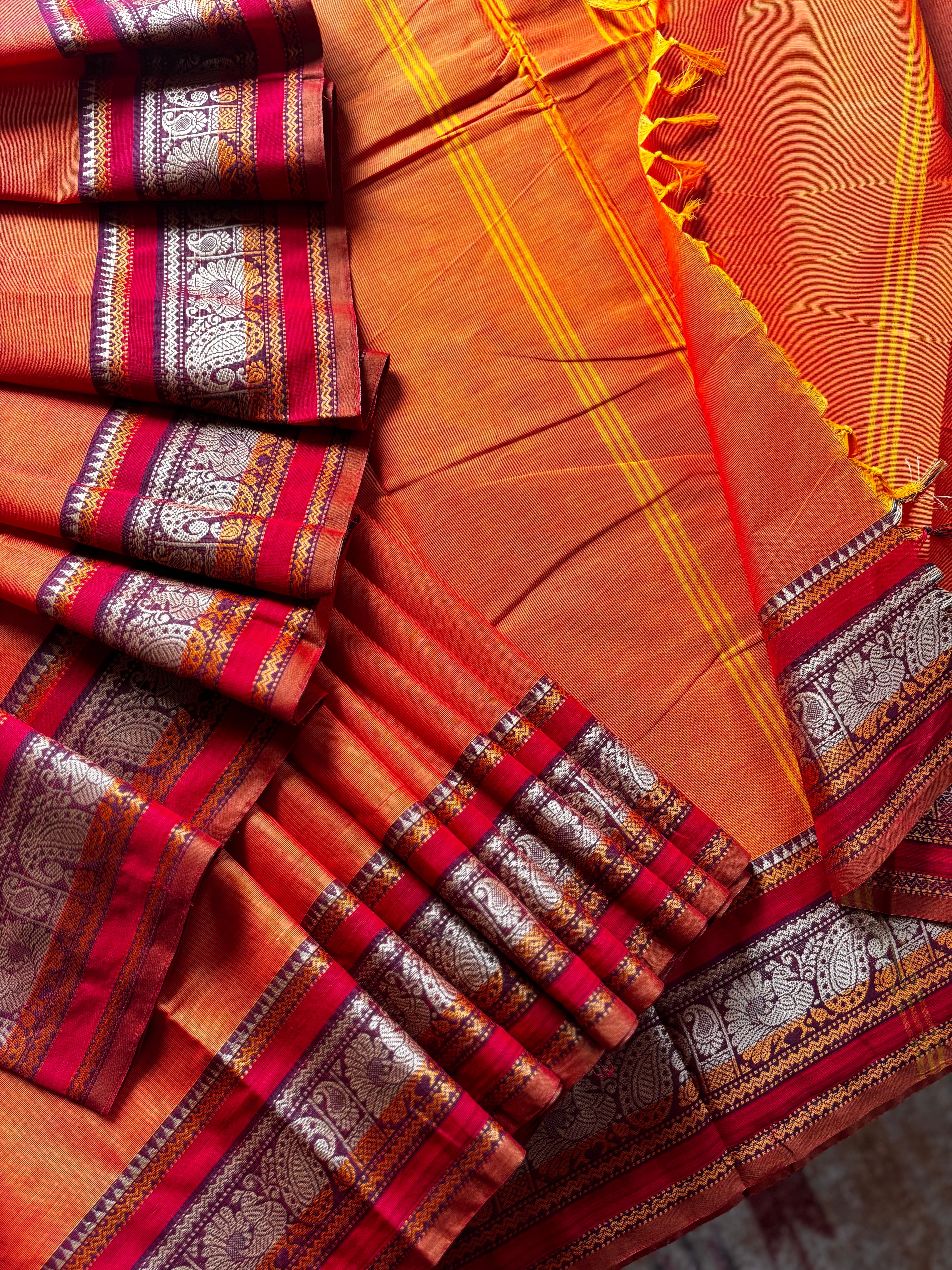 Pure Cotton Orange Without Zari Kanchipuram Saree