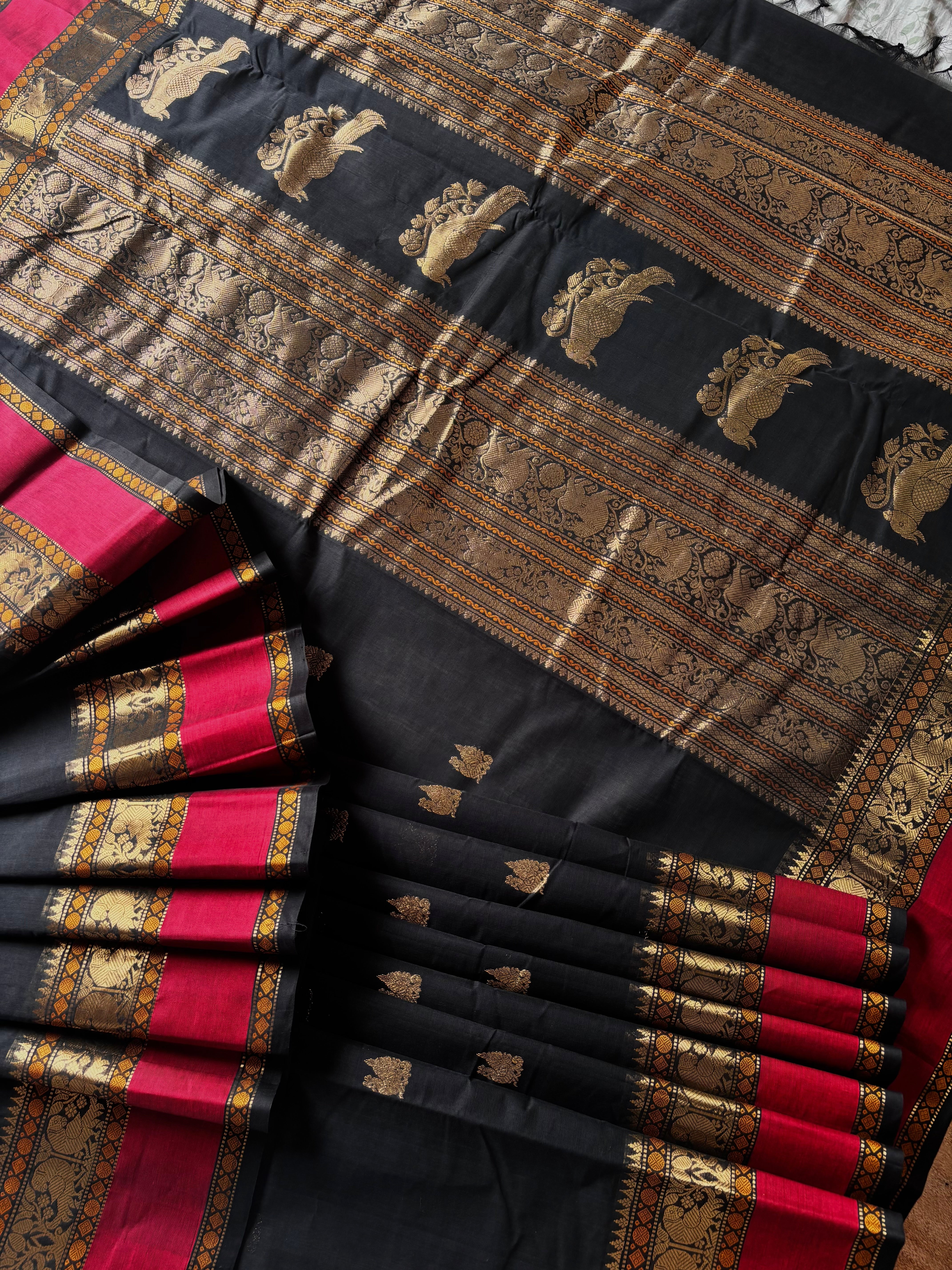 Handwoven Black Maroon Cotton Kanchipuram Saree