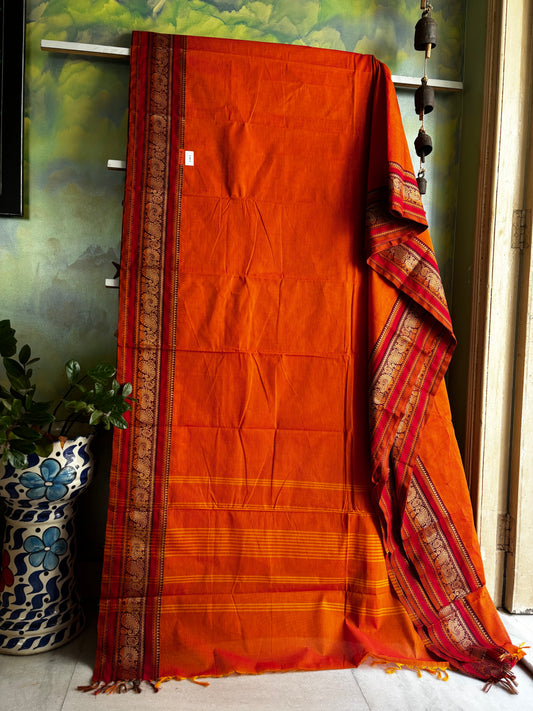 Pure Cotton Orange Without Zari Kanchipuram Saree