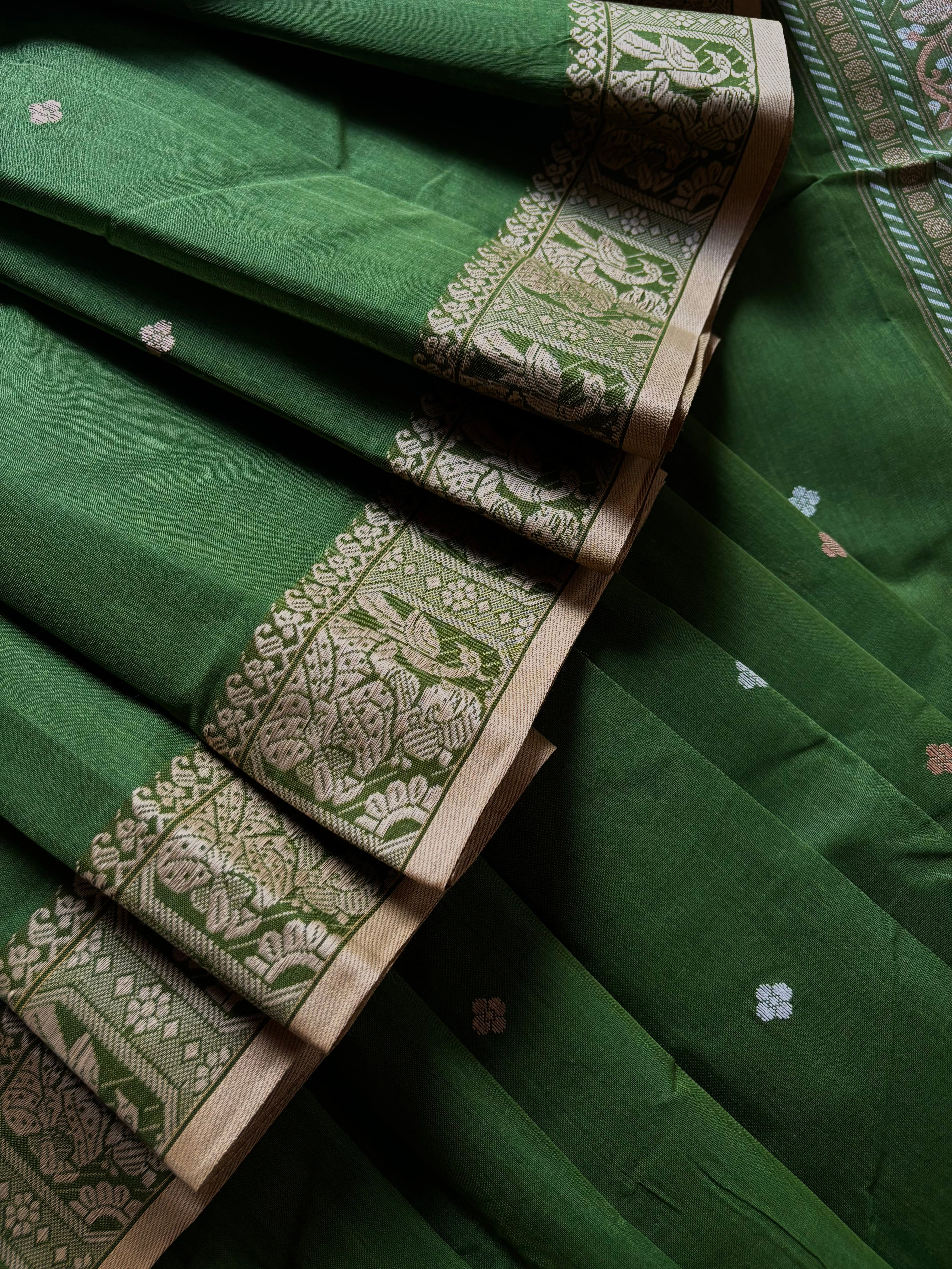 Handwoven Green Beige Colour Cotton Baluchari Saree