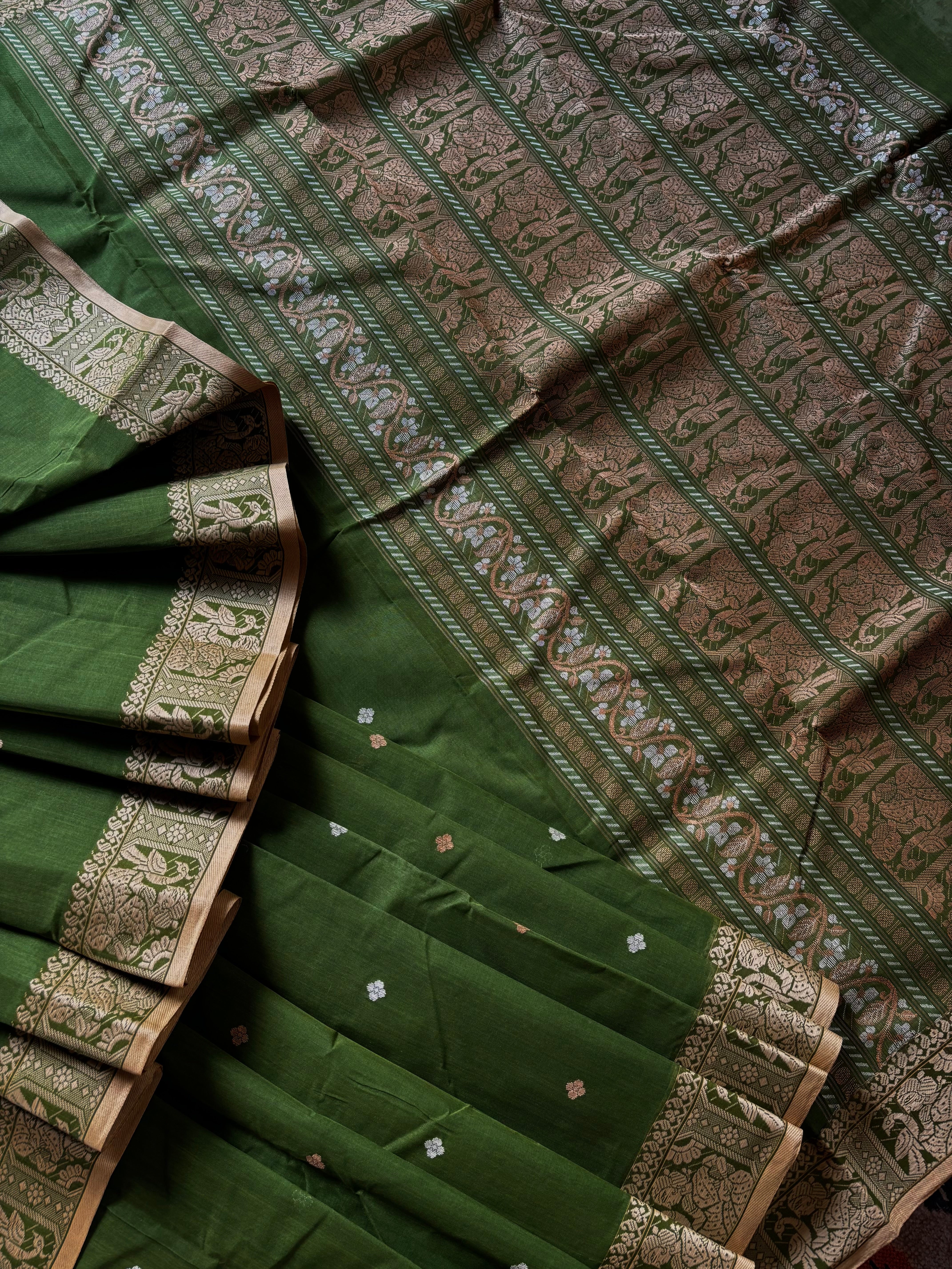 Handwoven Green Beige Colour Cotton Baluchari Saree