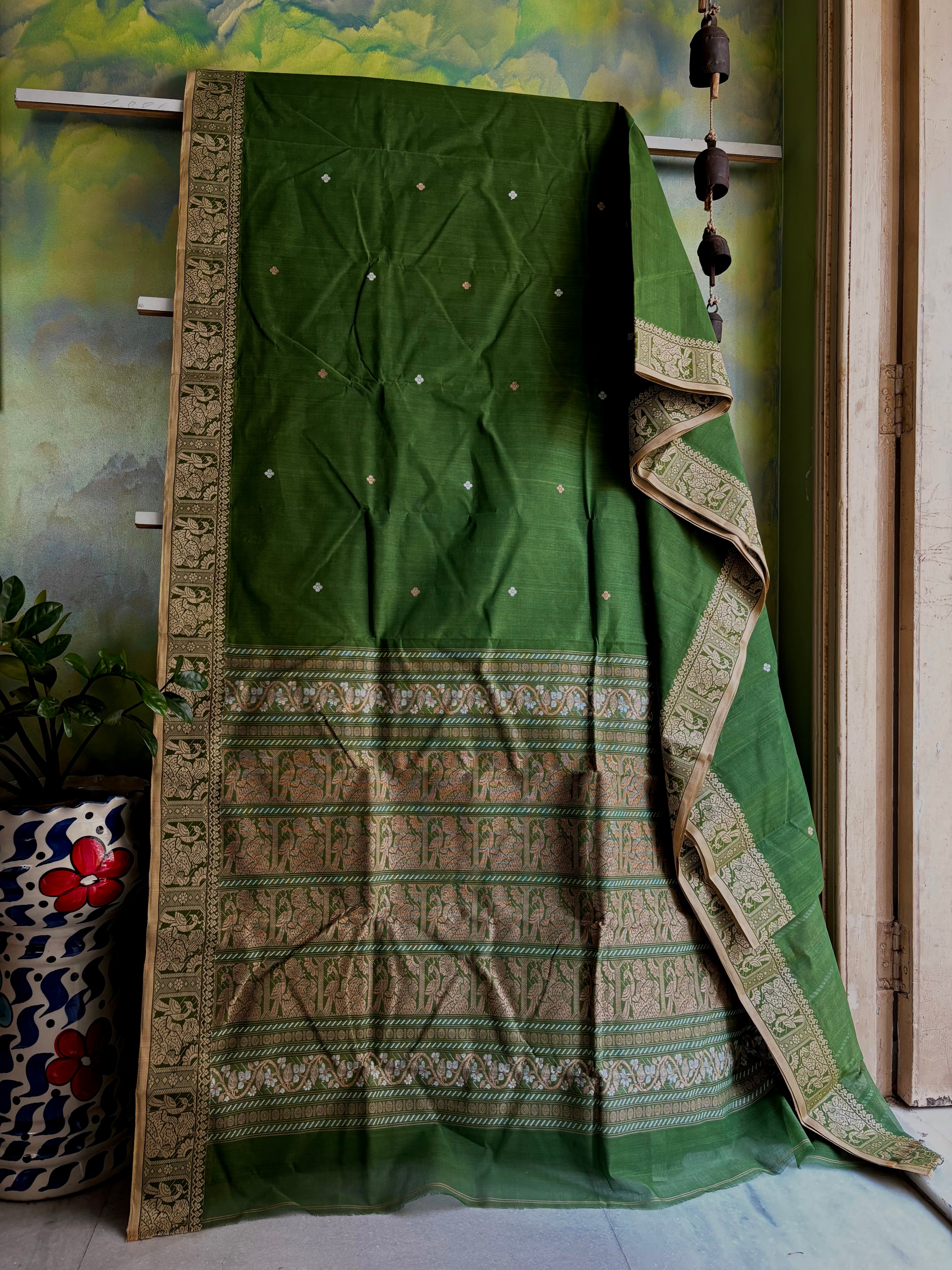 Handwoven Green Beige Colour Cotton Baluchari Saree