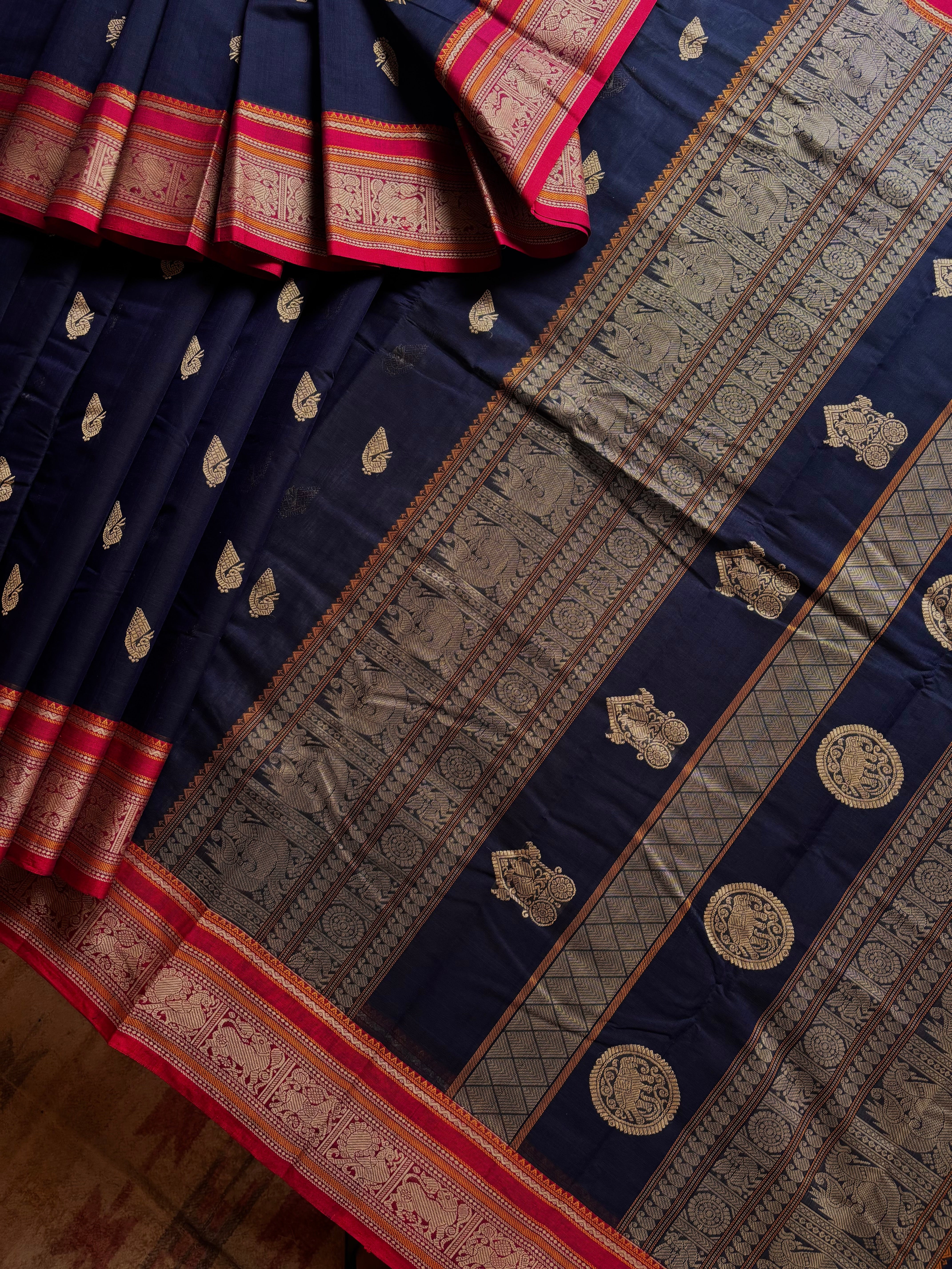 Handwoven Dark Navy Cotton Kanchipuram Saree