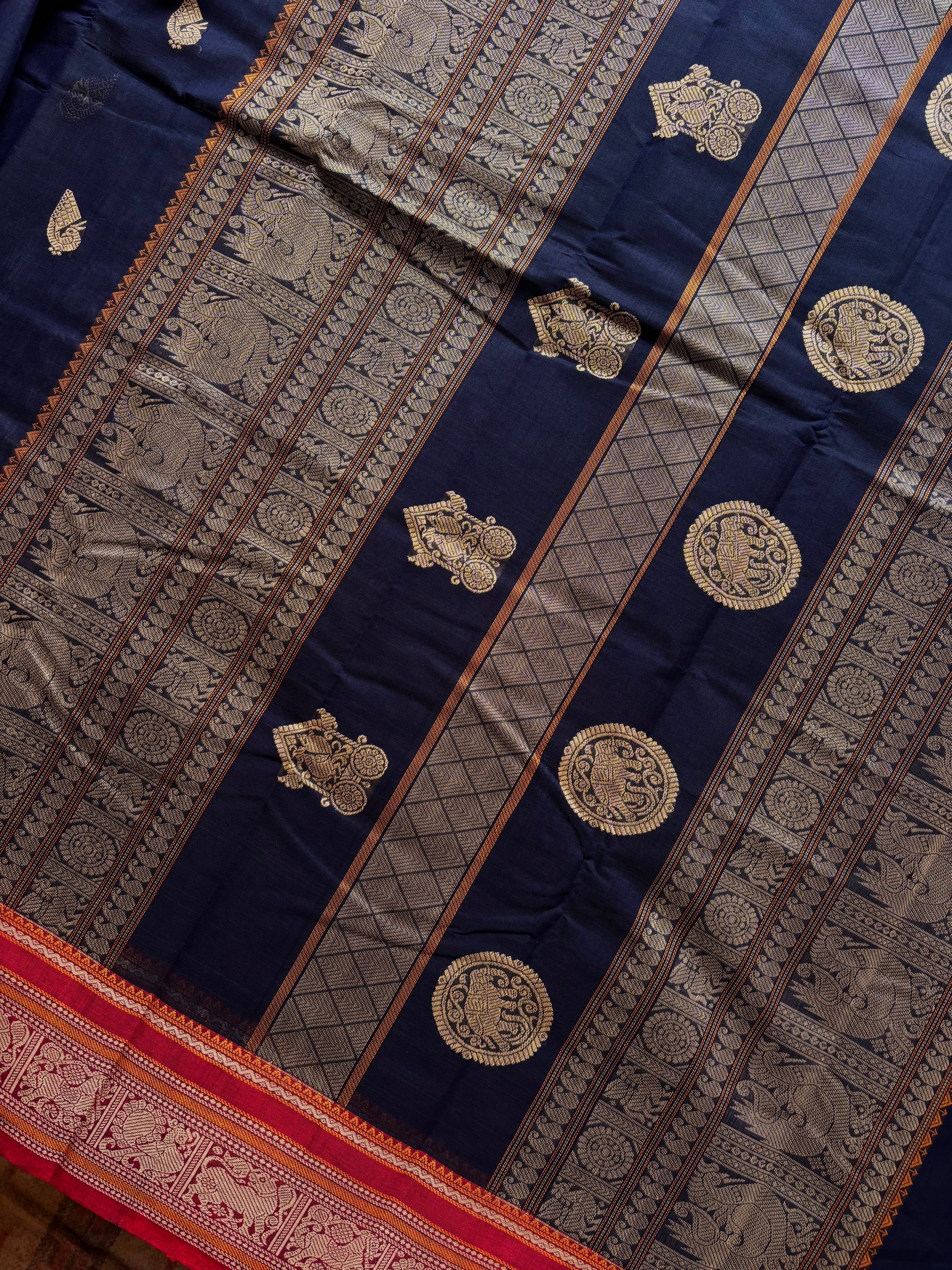Handwoven Dark Navy Cotton Kanchipuram Saree