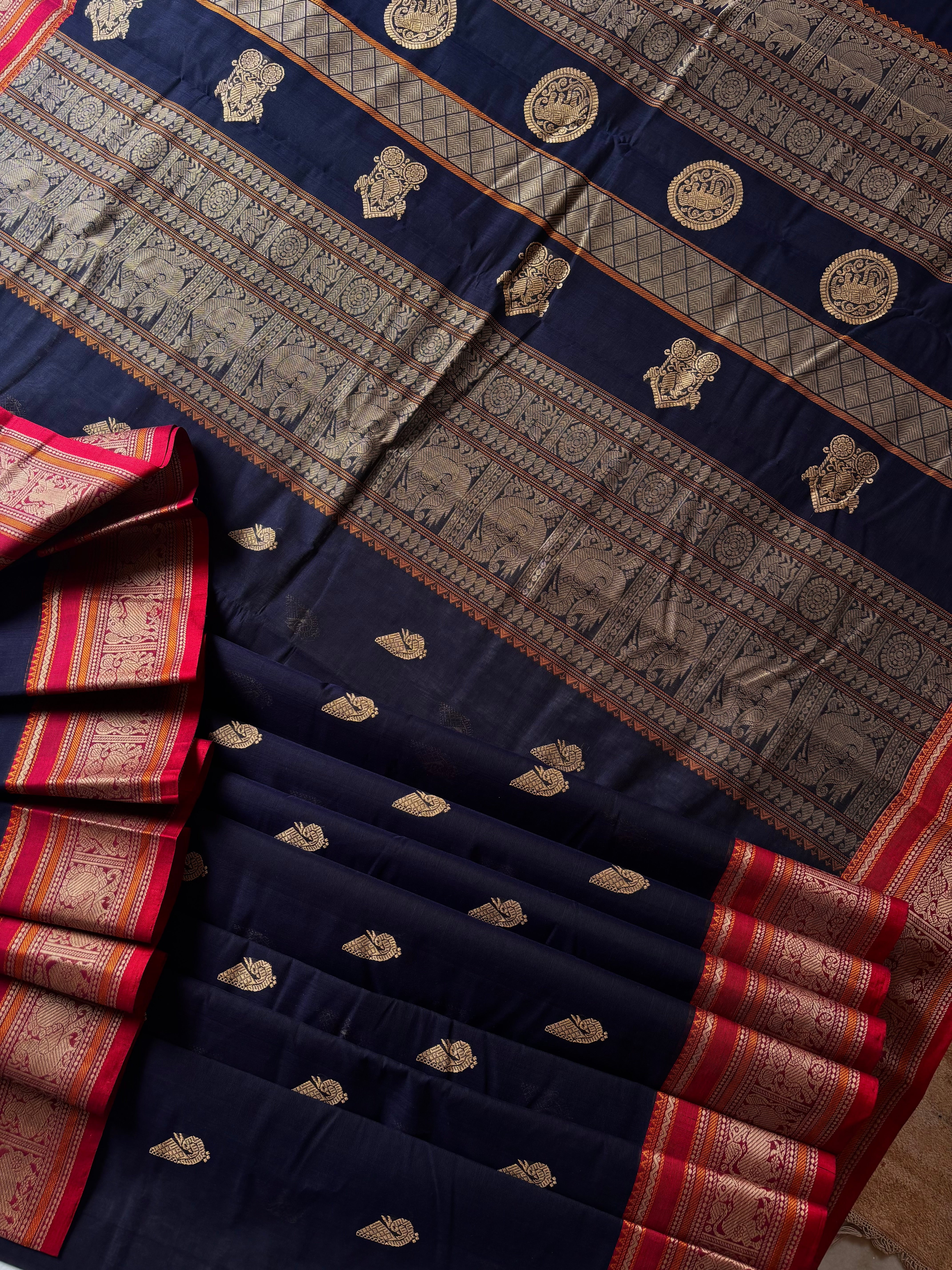 Handwoven Dark Navy Cotton Kanchipuram Saree