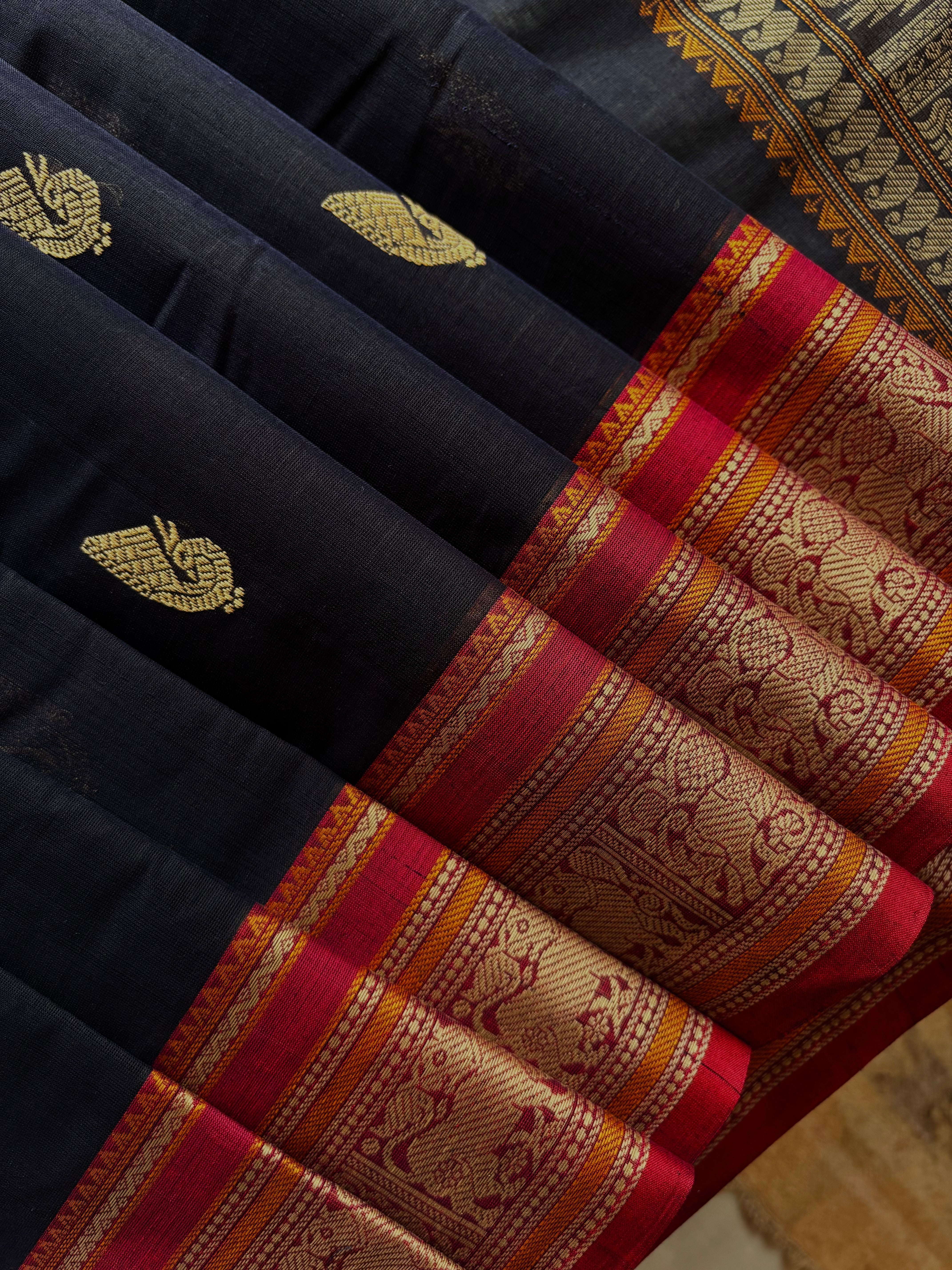 Handwoven Dark Navy Cotton Kanchipuram Saree